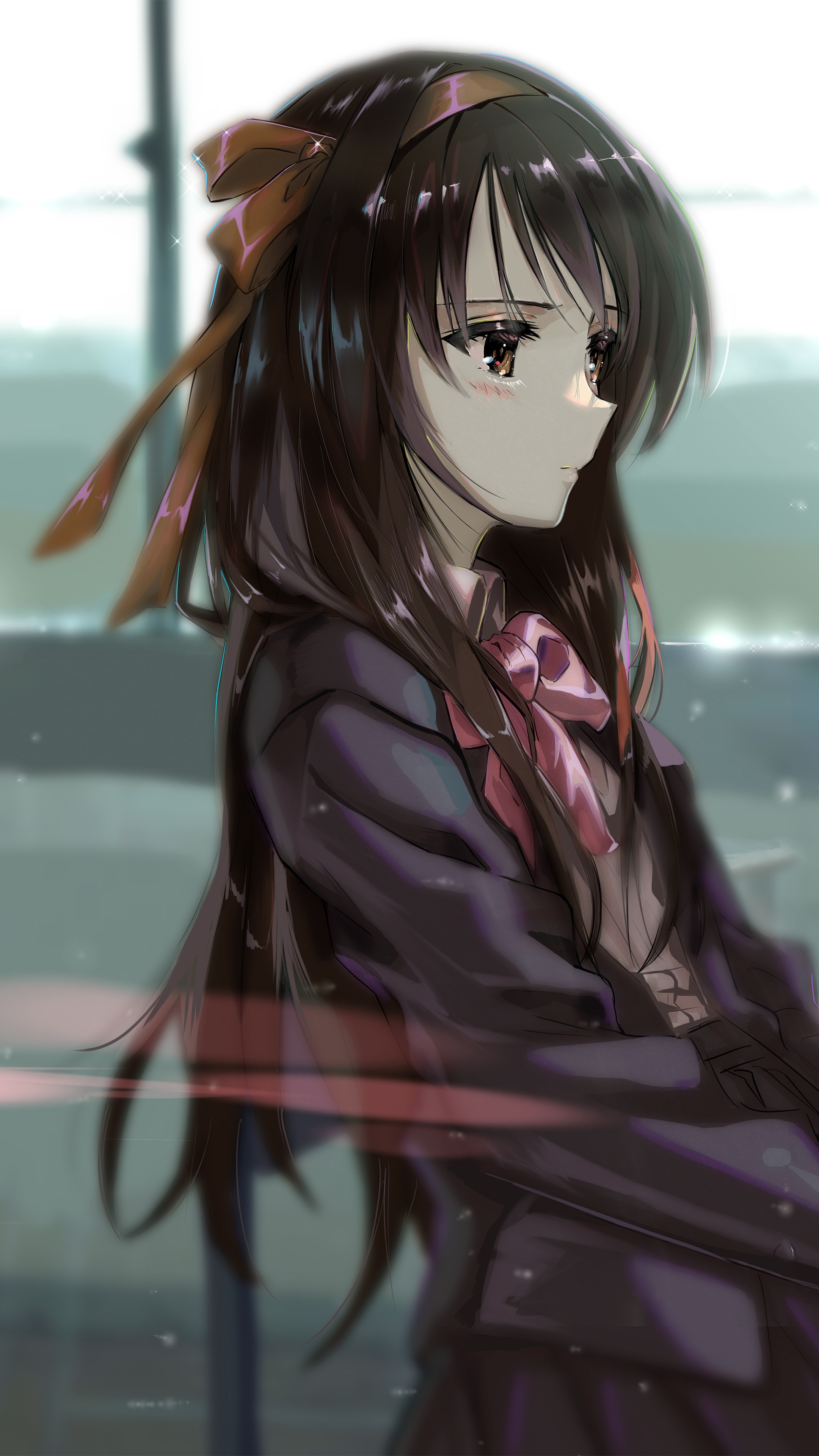 Anime girl with brown hair and ribbons HD Phone Wallpaper