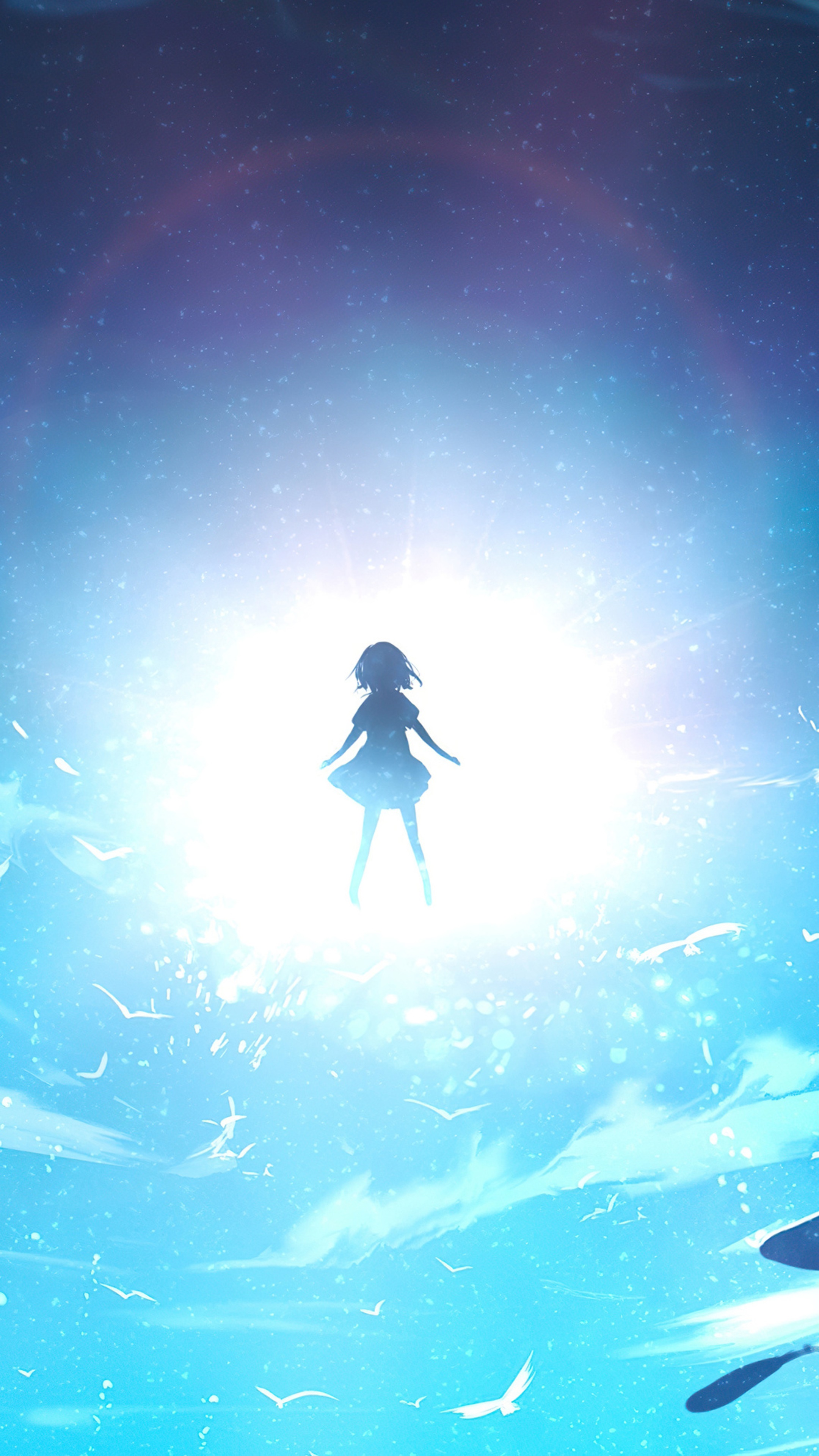 Anime girl floating in bright light with birds HD Phone Wallpaper