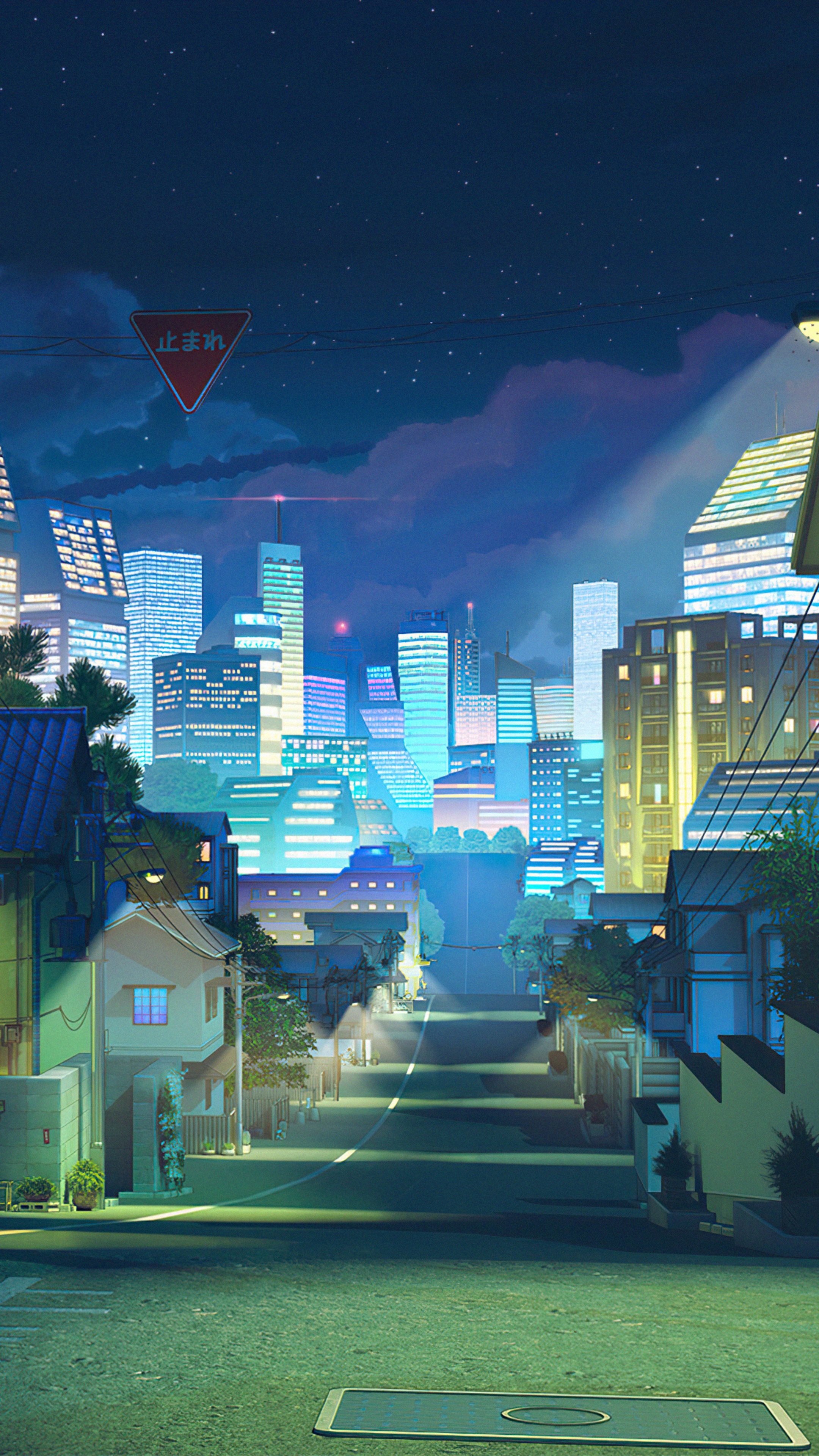 Anime Cityscape at Night with Stop Sign HD Phone Wallpaper