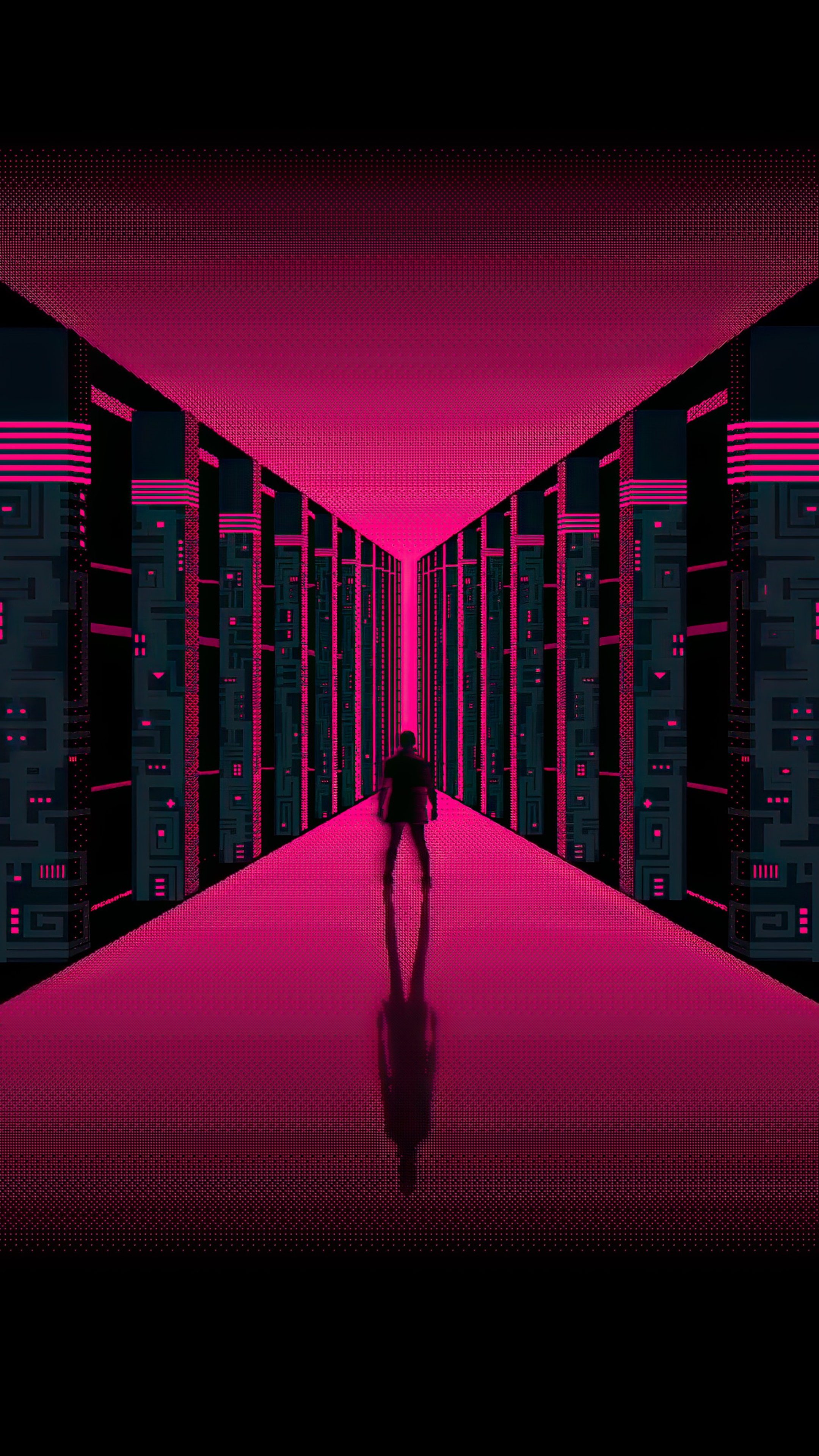 Man standing in a neon pink digital corridor HD Phone Wallpaper