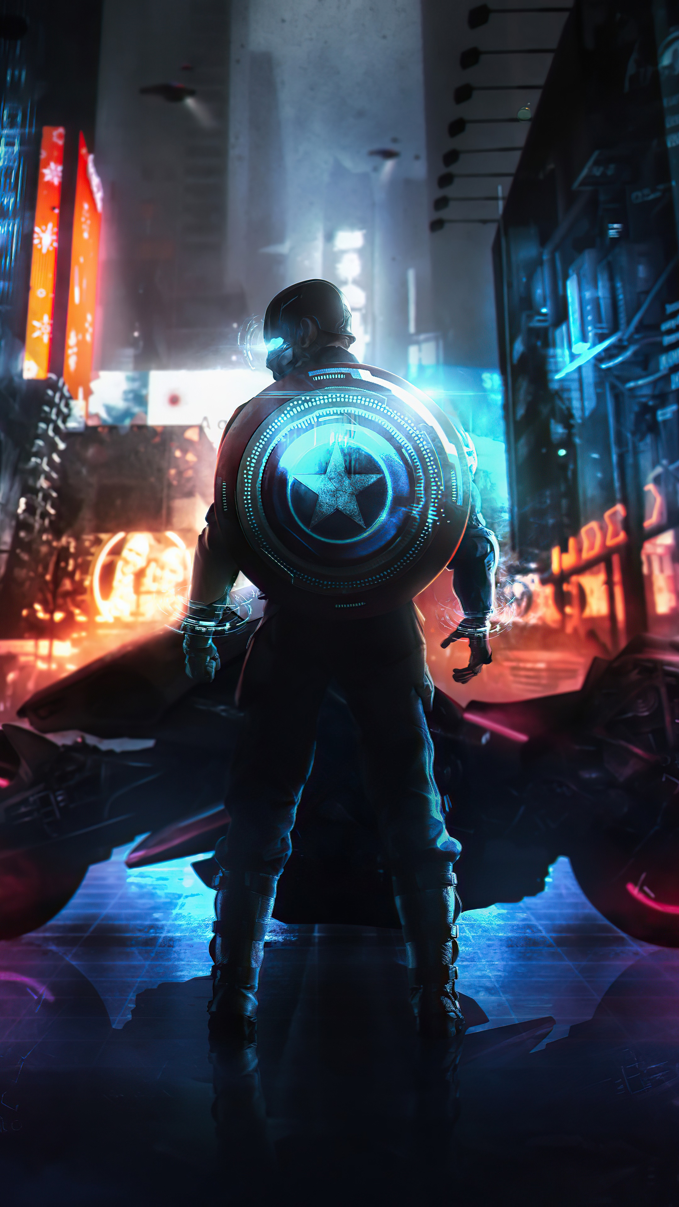 Captain America in a Cyberpunk City HD Phone Wallpaper