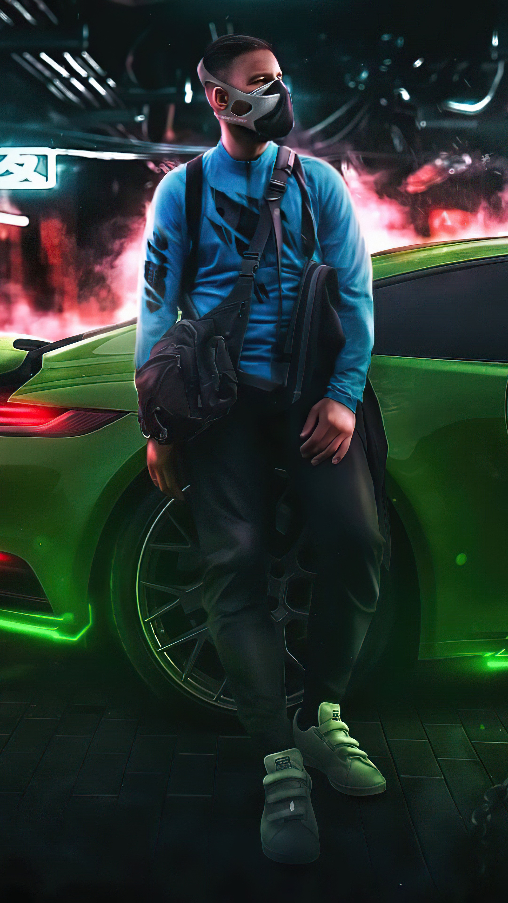 Man in cyberpunk mask leaning on a green Porsche HD Phone Wallpaper