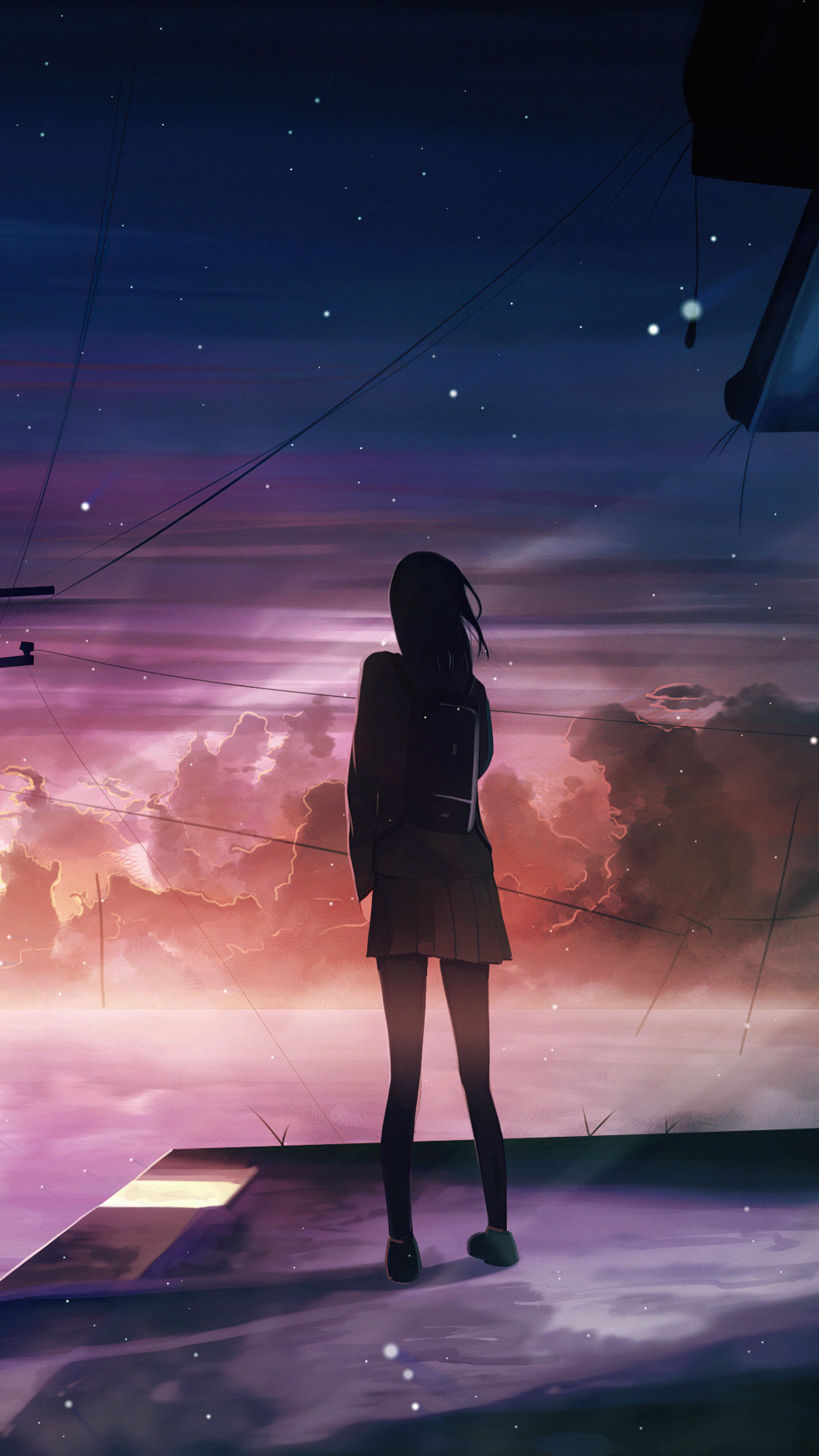 Anime girl on a rooftop at sunset HD Phone Wallpaper