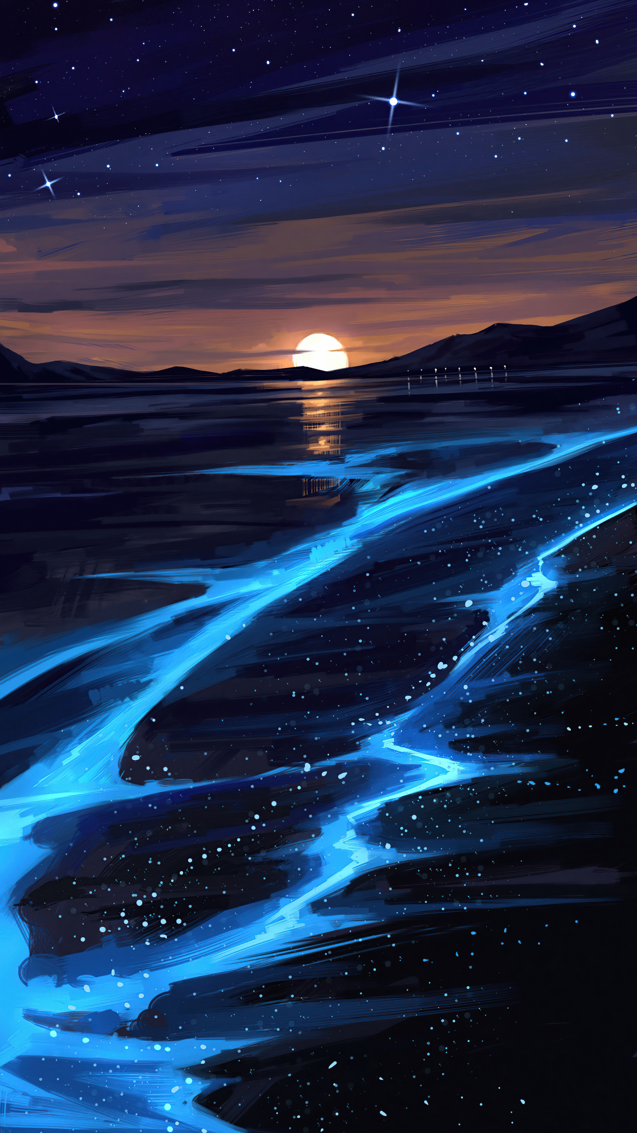Digital art of a sunset over a lake with glowing blue water HD Phone Wallpaper