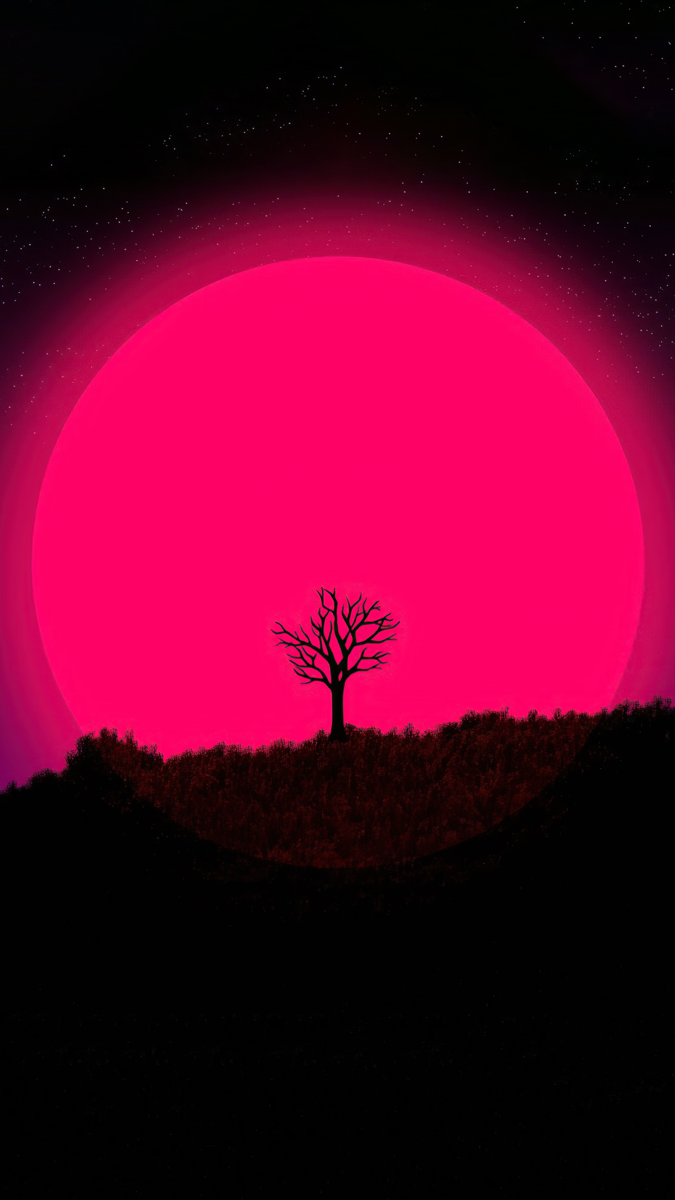 Digital art of a tree on a hill with a pink sun HD Phone Wallpaper