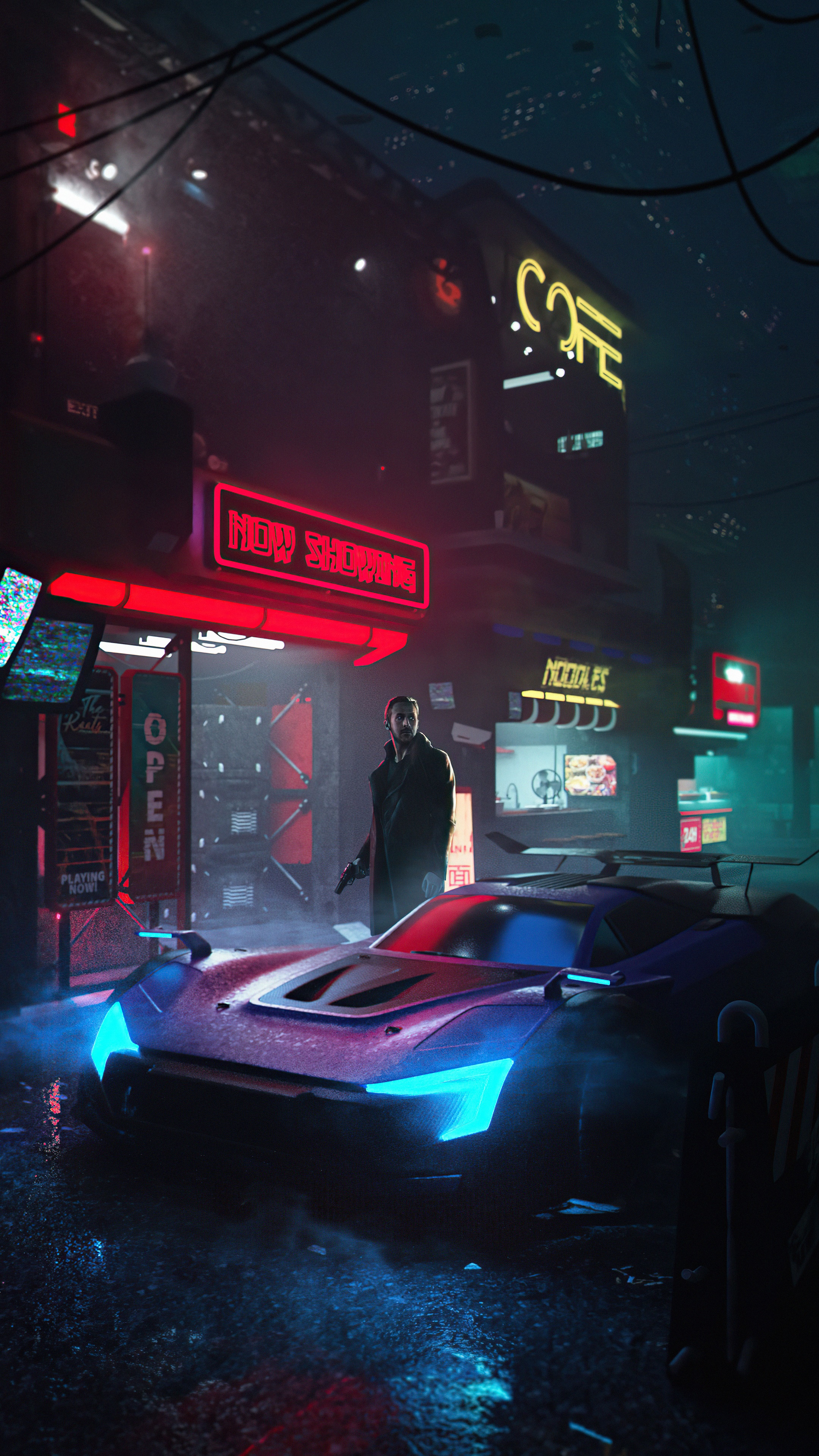 K character from Blade Runner 2049 in a cyberpunk city HD Phone Wallpaper