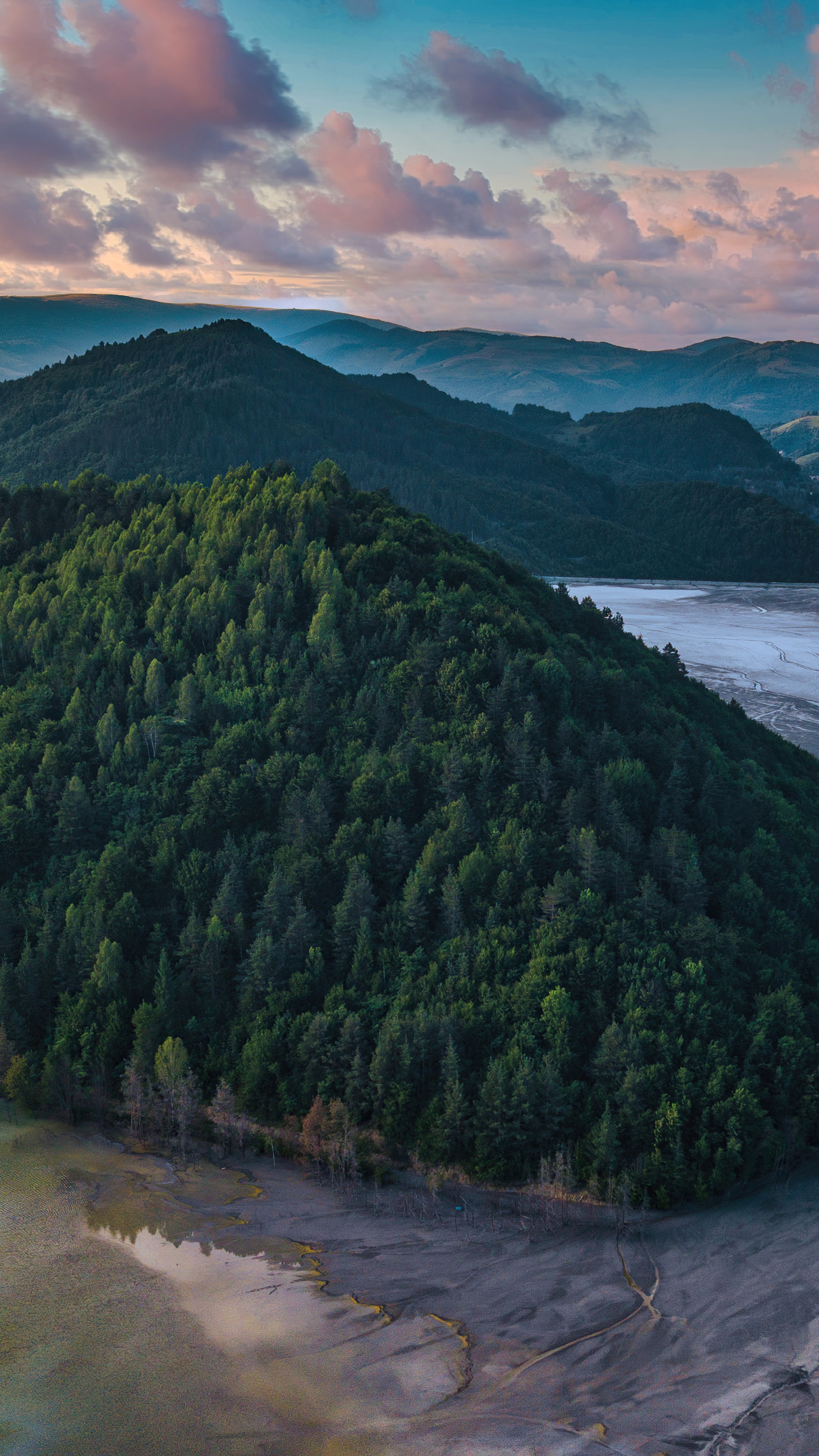 Forest landscape with lake and mountains at sunset HD Phone Wallpaper