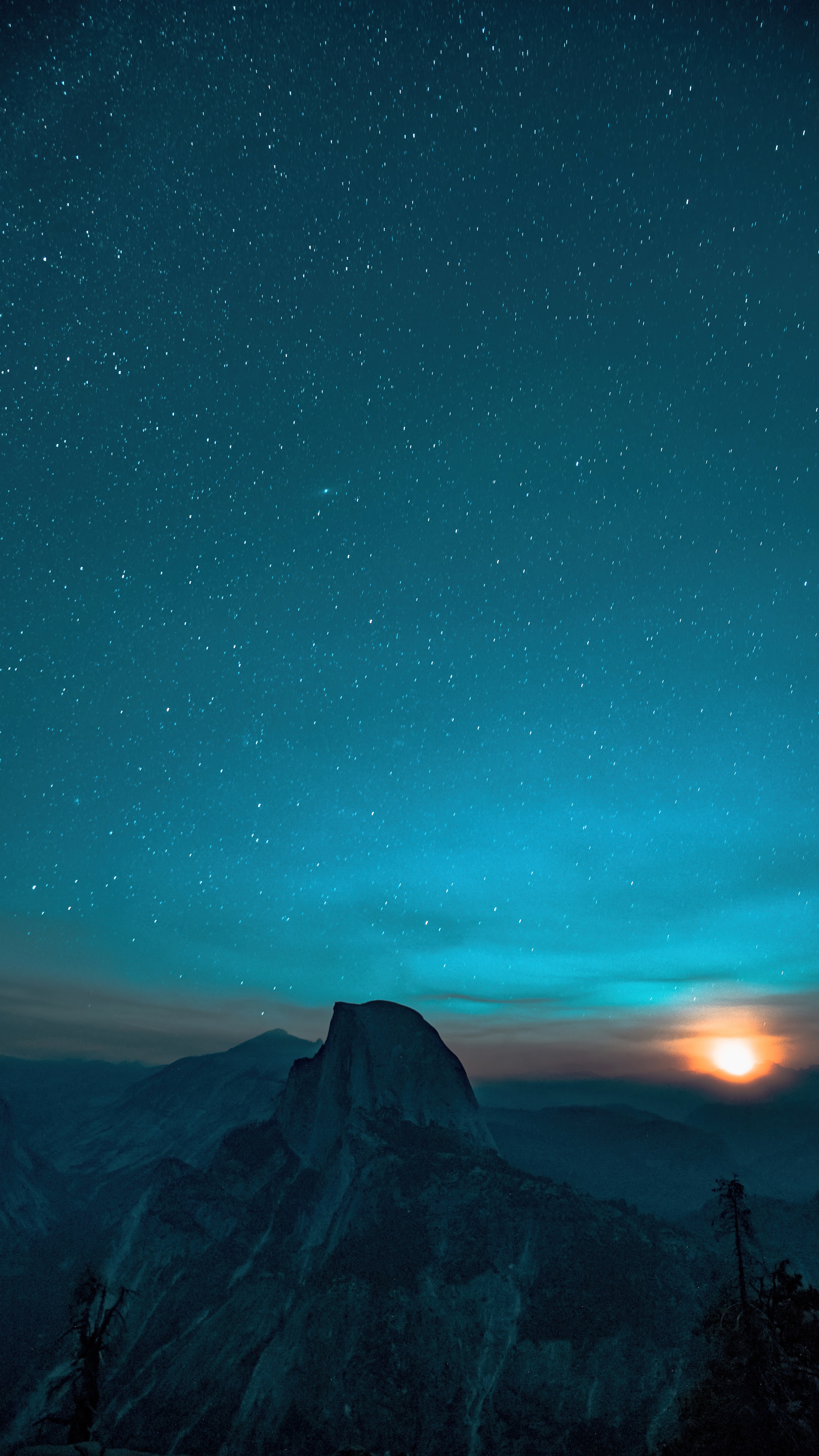 Mountains and stars at night with moon HD Phone Wallpaper