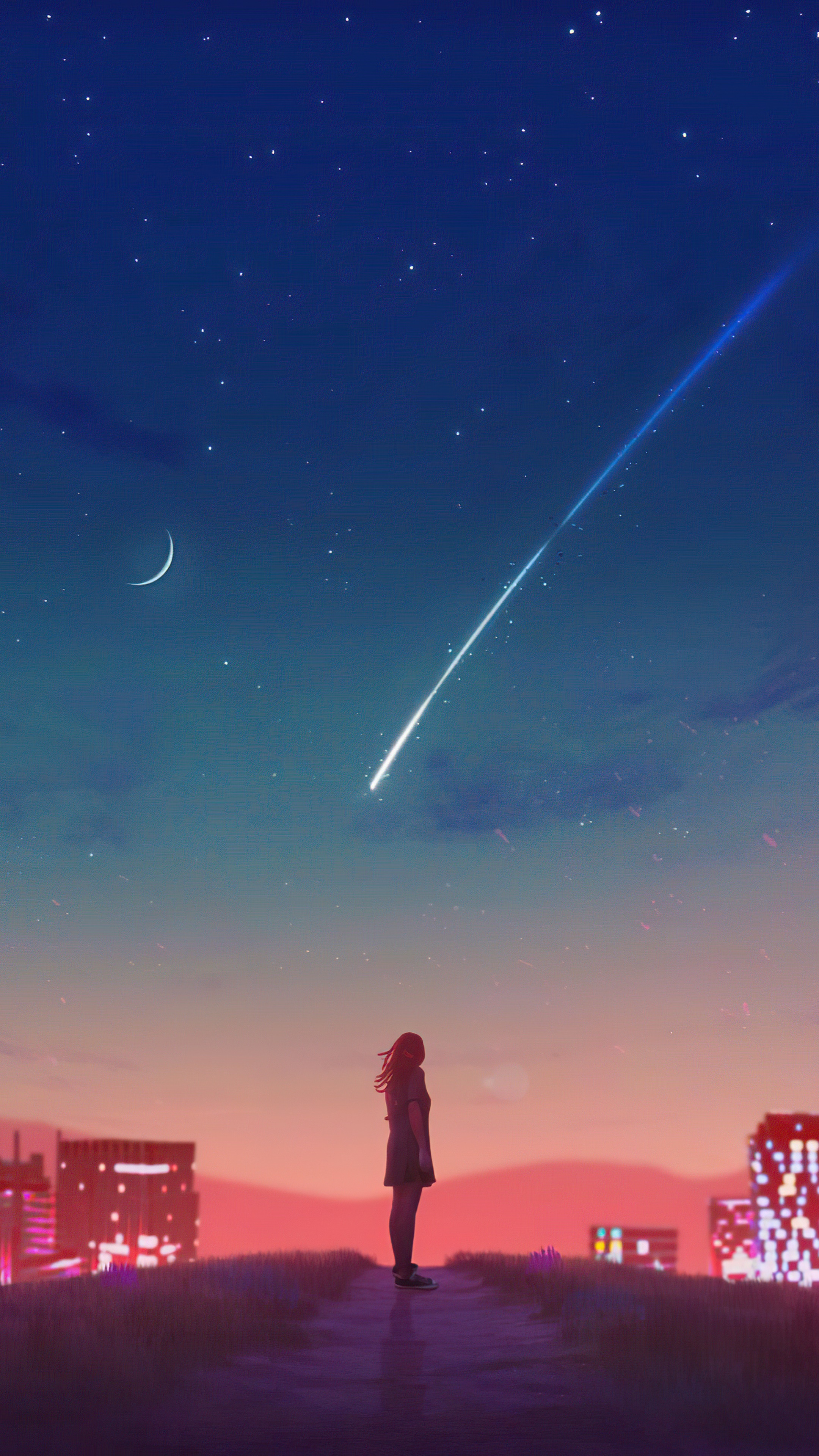 Girl watching a shooting star over city 4K HD Phone Wallpaper
