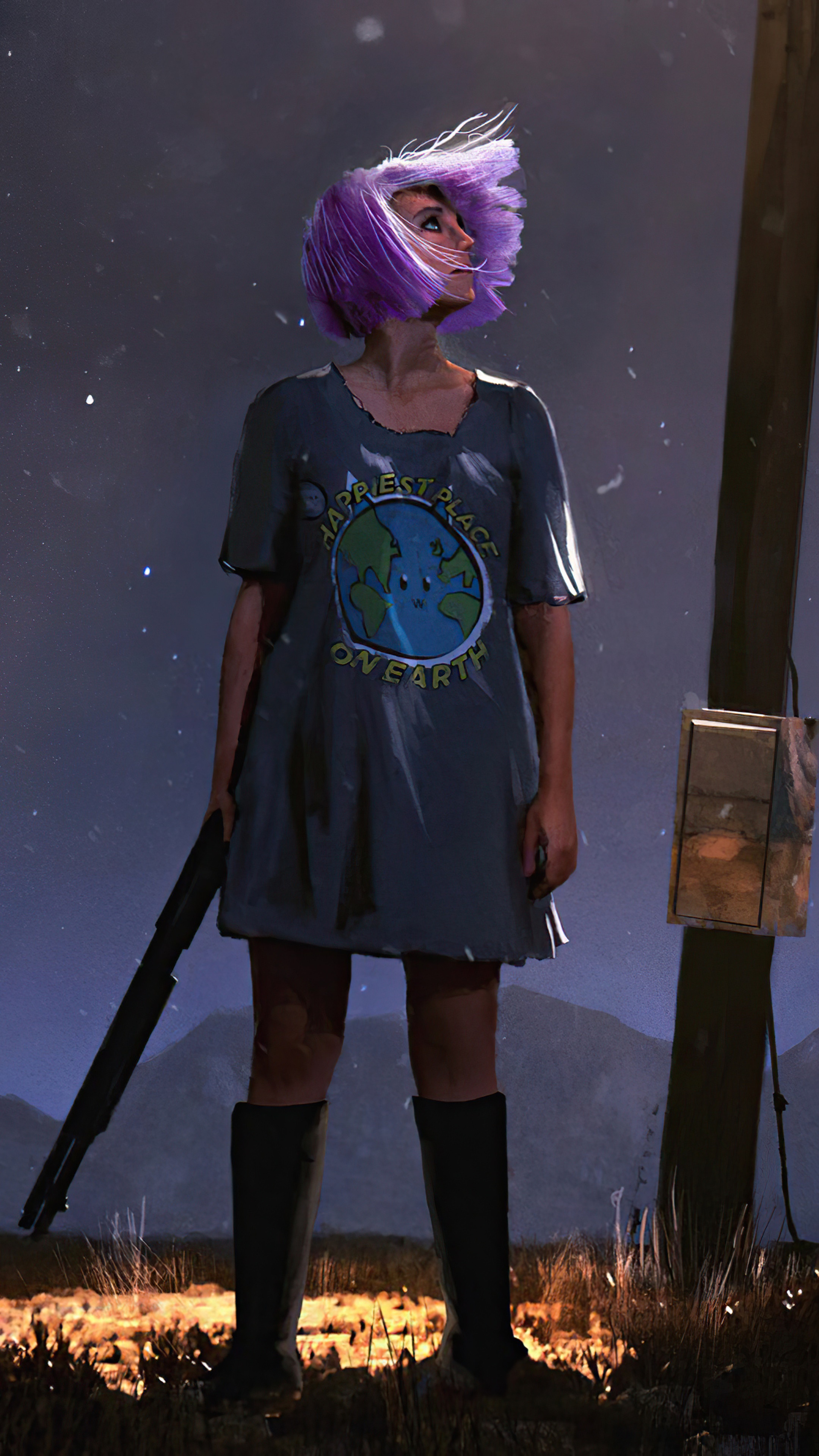 Girl with purple hair and shotgun HD Phone Wallpaper