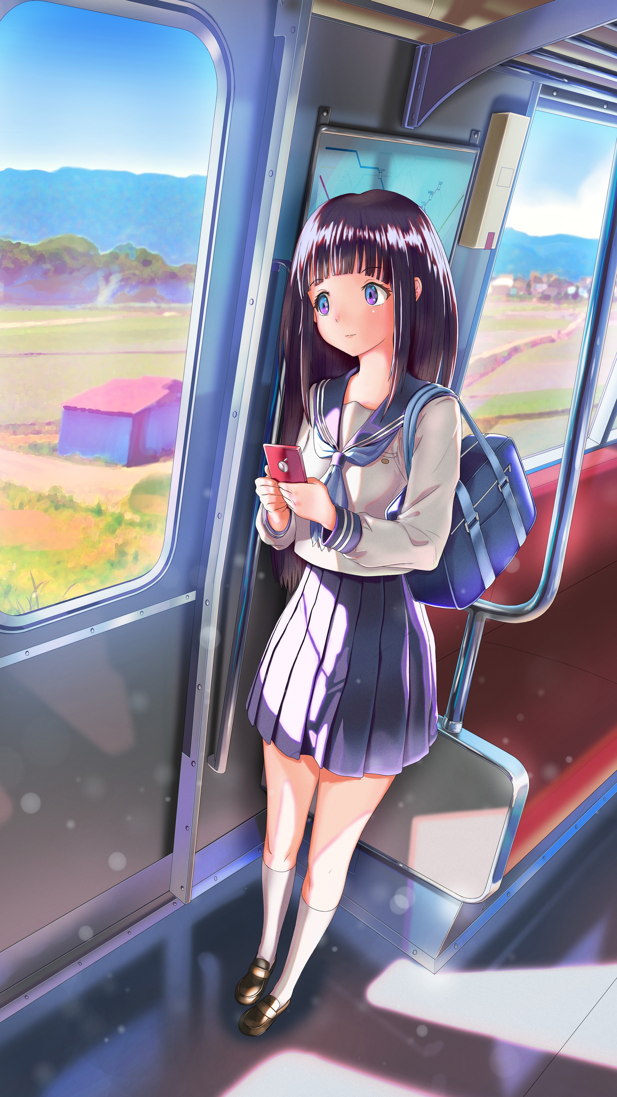 Anime girl on a train looking at her phone HD Phone Wallpaper