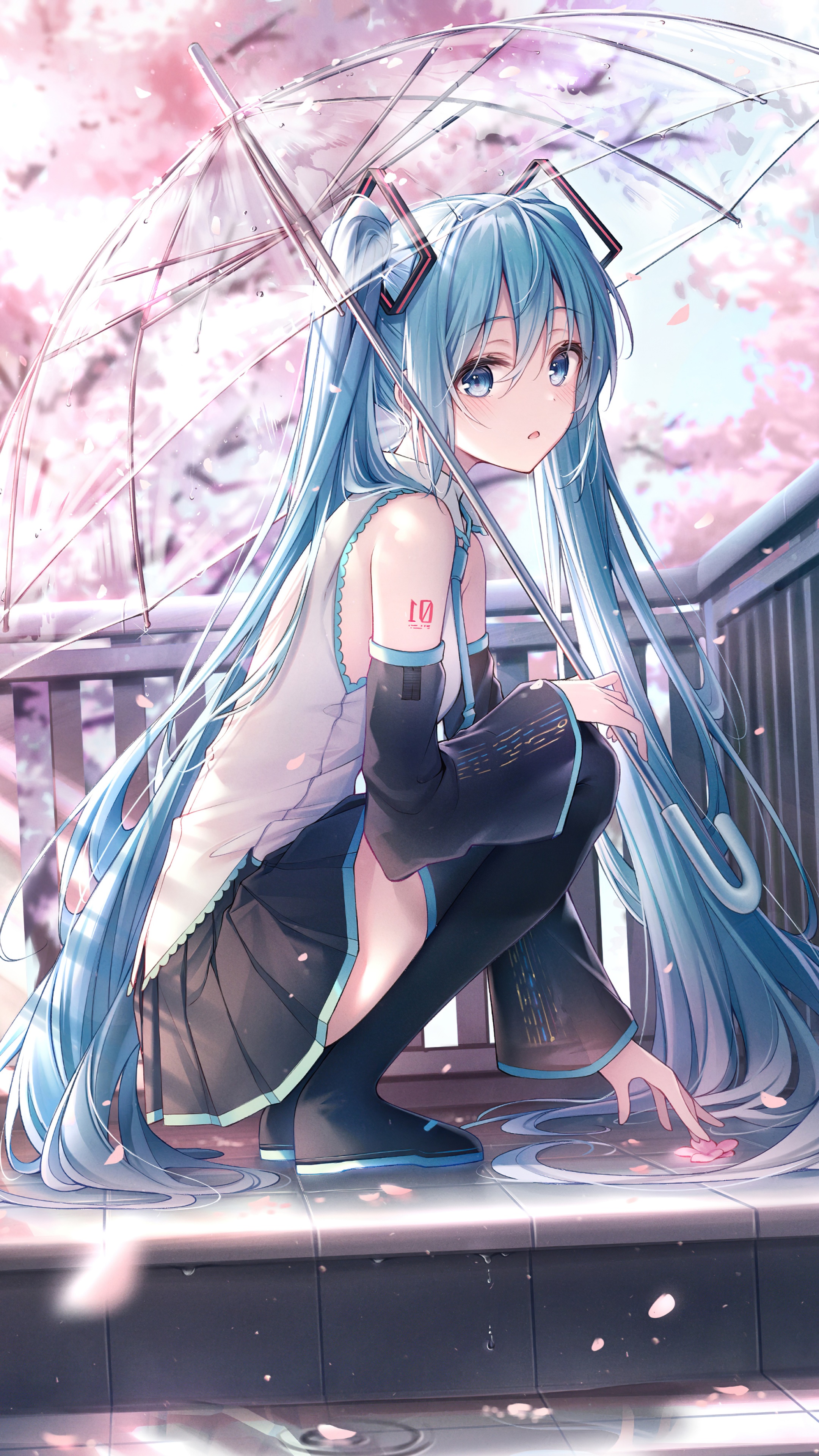 Hatsune Miku with Umbrella under Cherry Blossoms HD Phone Wallpaper