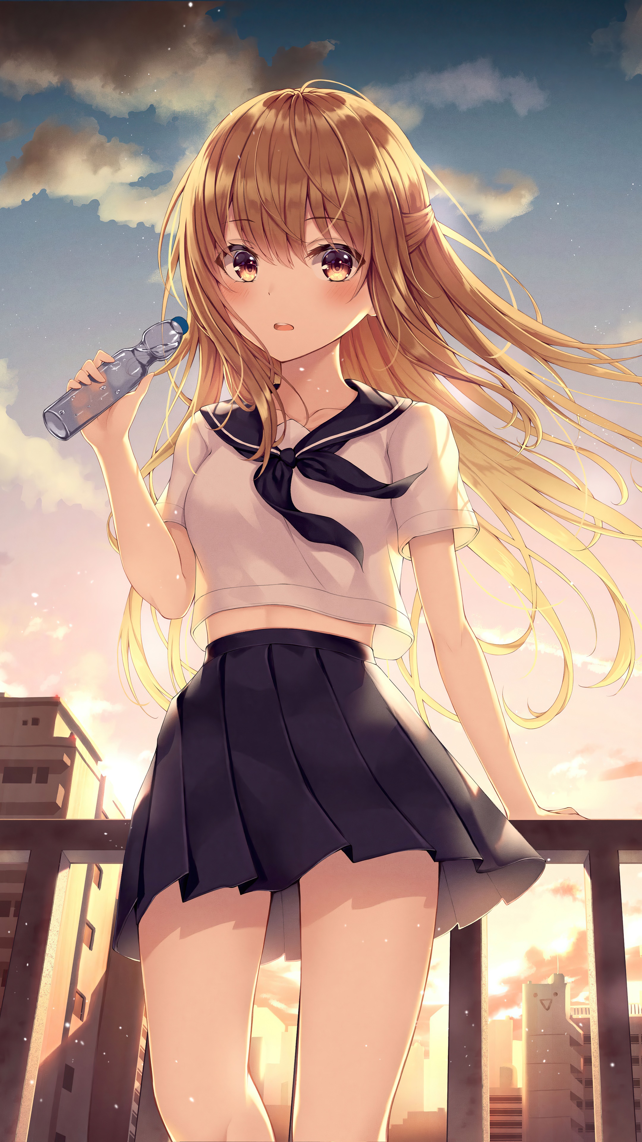 Anime Girl with Ramune Bottle on Balcony HD Phone Wallpaper