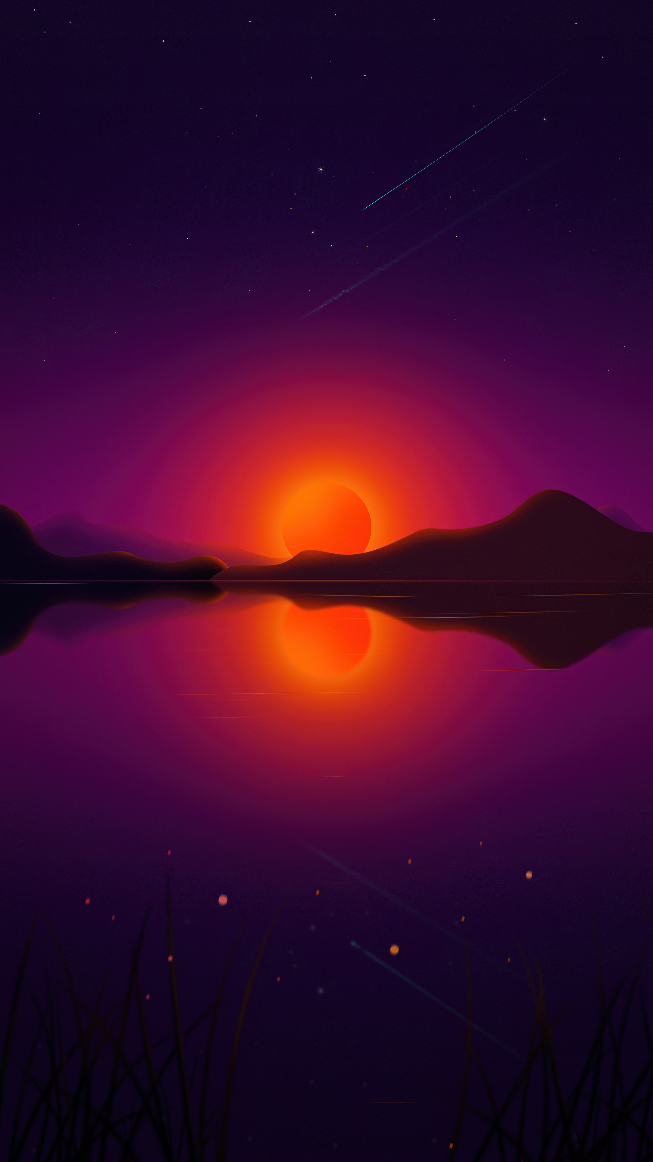 Sunset over a lake with mountains and stars HD Phone Wallpaper