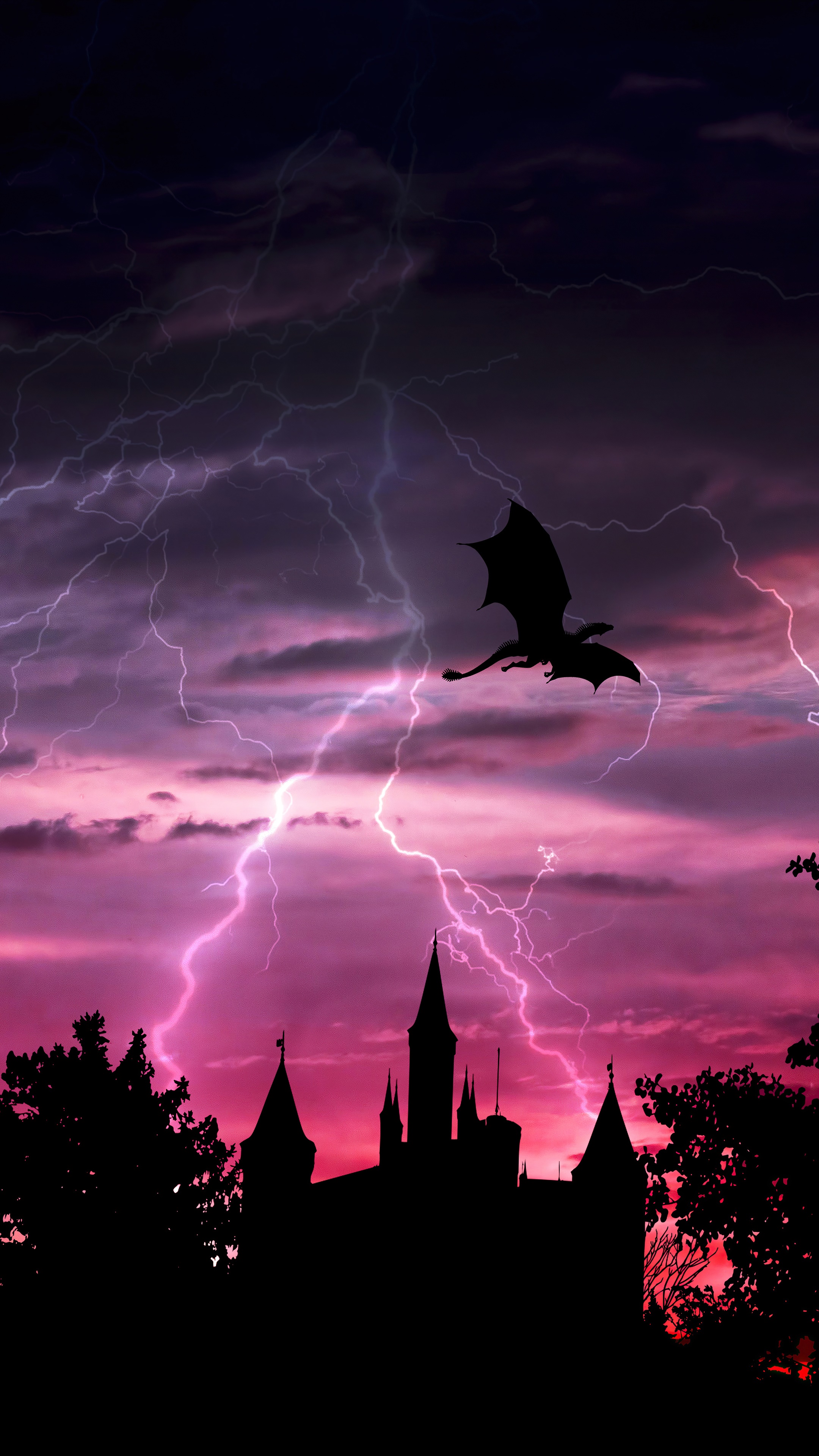Dragon flying over a castle during a lightning storm HD Phone Wallpaper