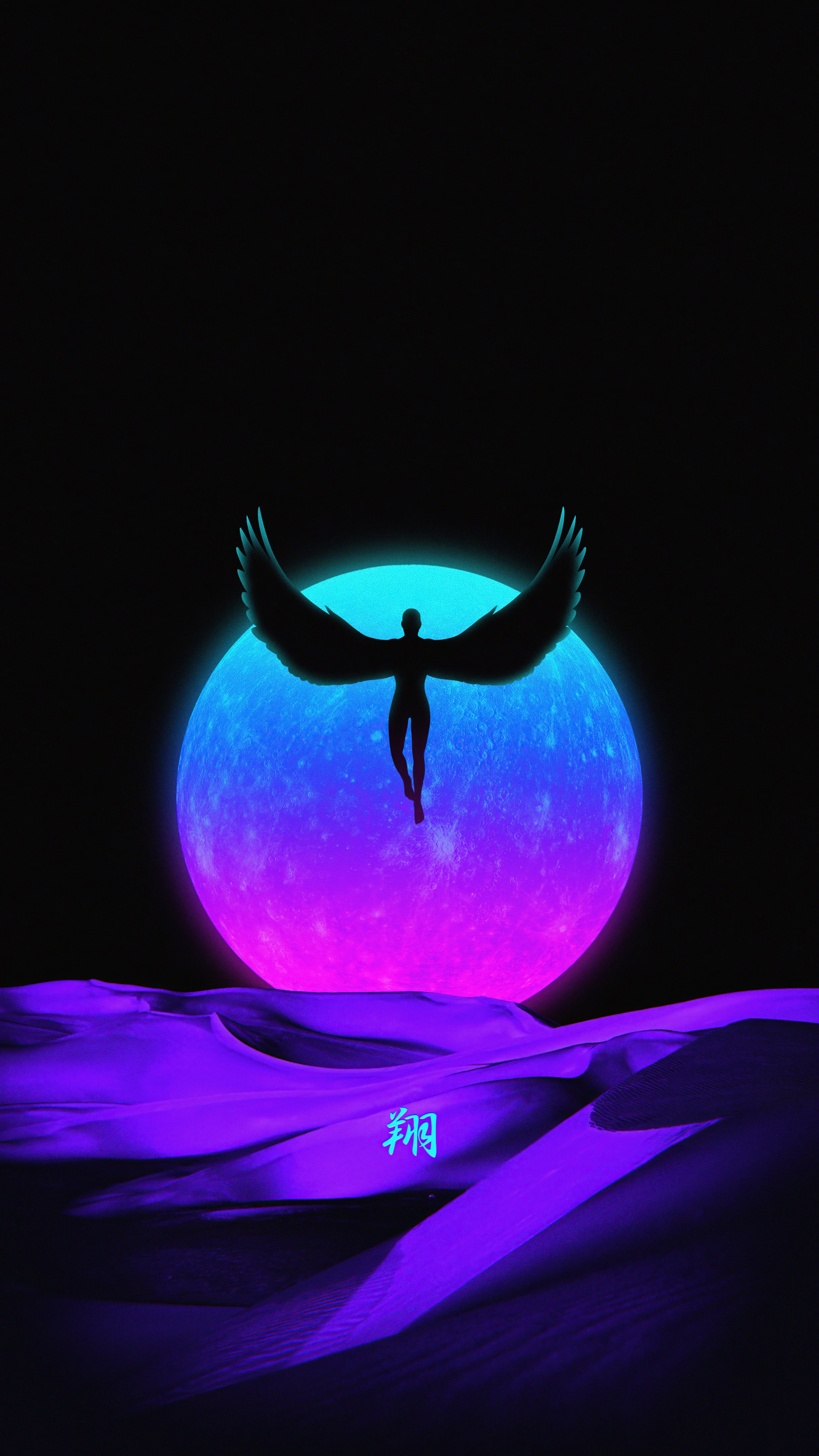 Angel figure in front of a glowing moon over a desert HD Phone Wallpaper