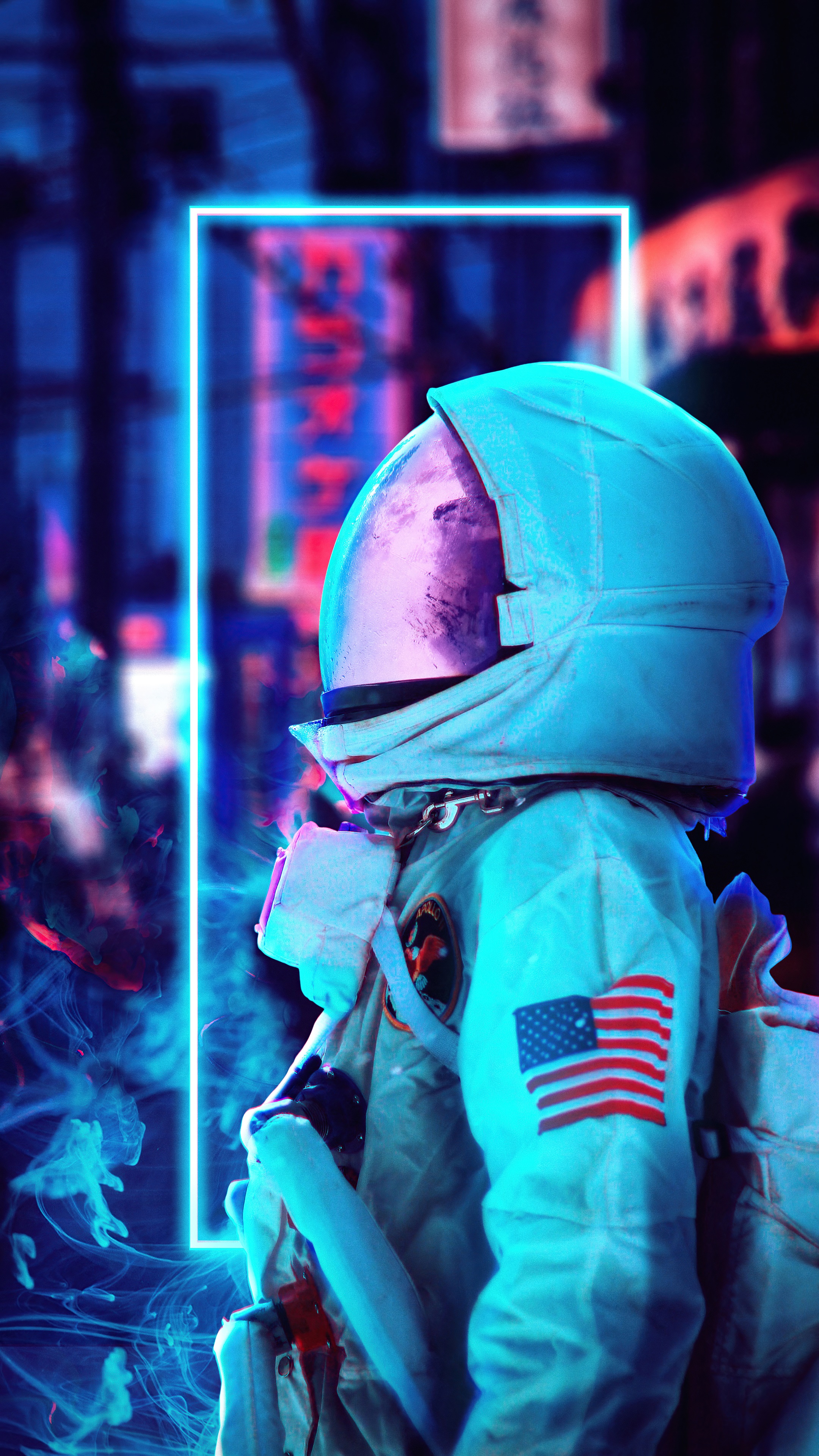 Astronaut in a neon-lit city HD Phone Wallpaper