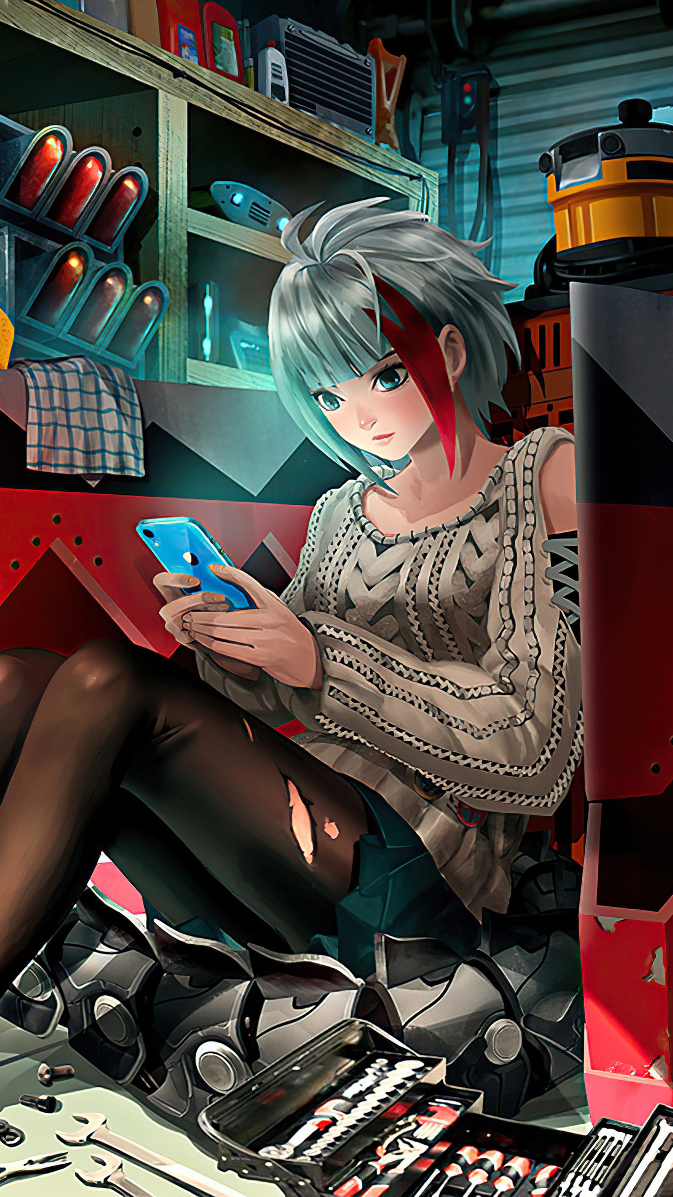 Anime girl with blue phone in workshop HD Phone Wallpaper
