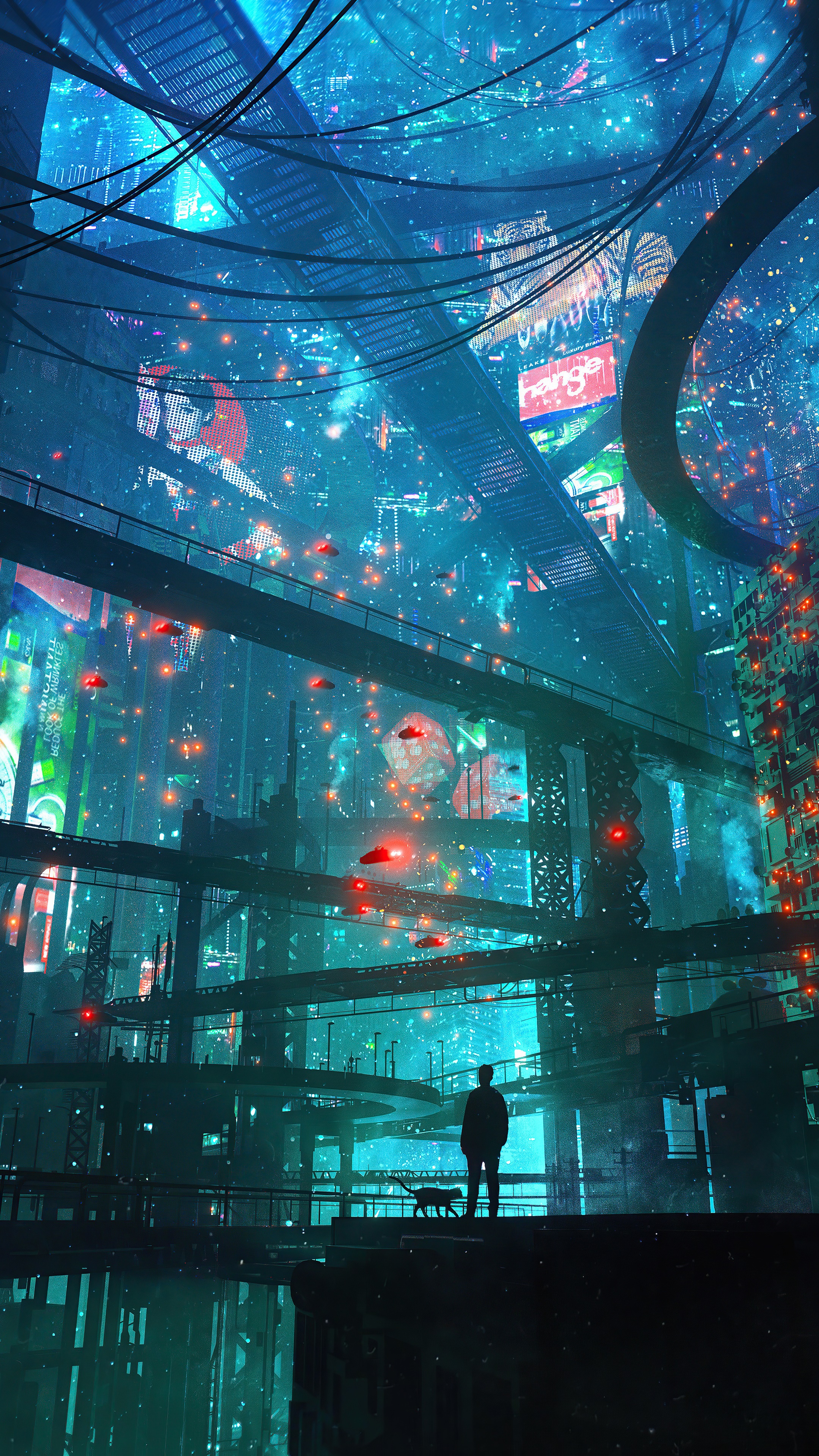 Sci-fi cityscape with a person and a cat HD Phone Wallpaper