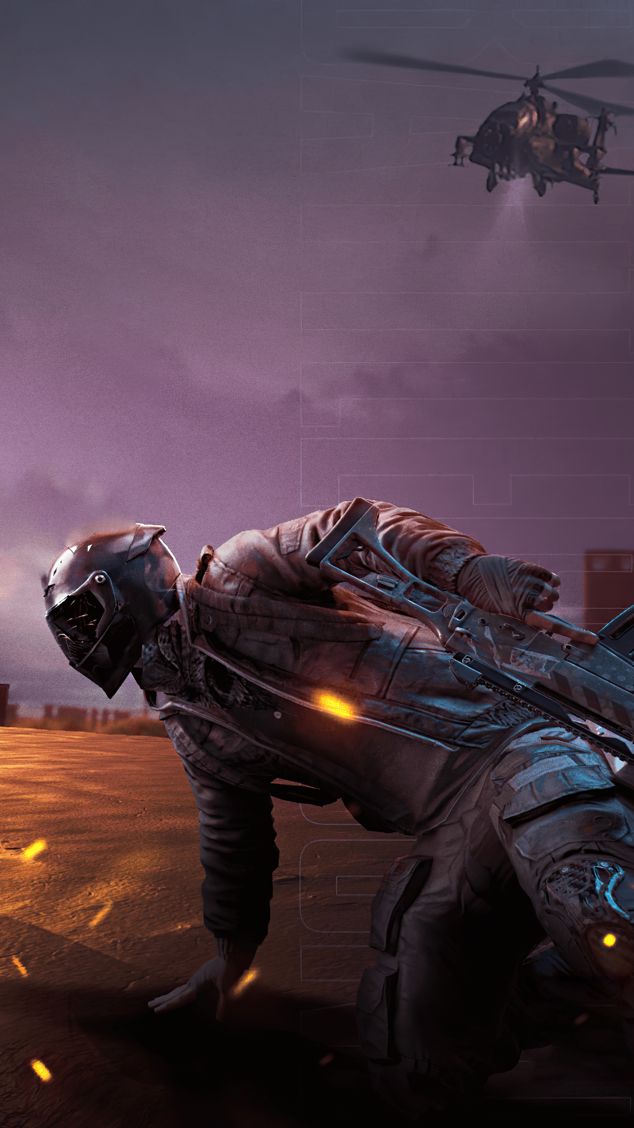 Player in PUBG crawling with a helicopter in the background HD Phone Wallpaper