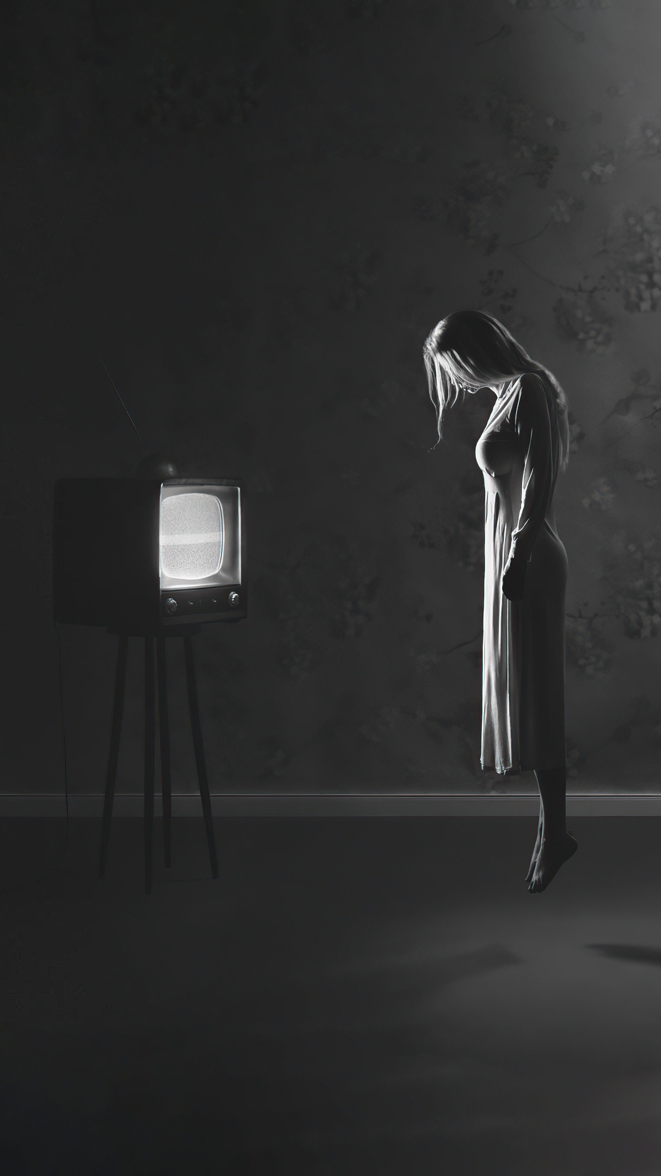 Woman levitating in front of an old television HD Phone Wallpaper