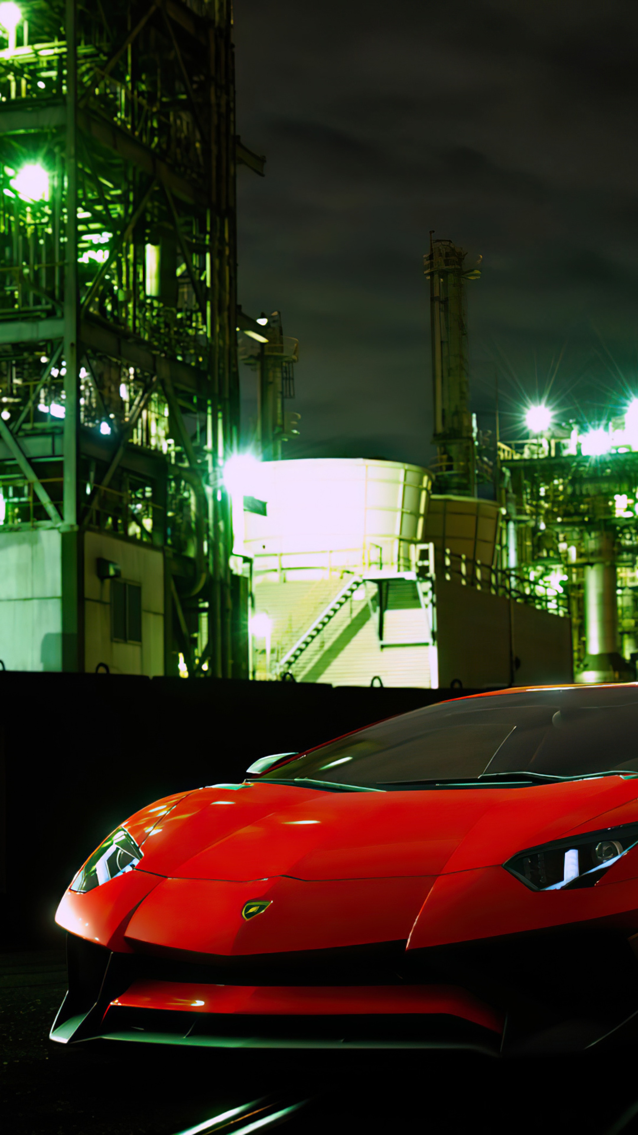 Red Lamborghini at Industrial Plant at Night HD Phone Wallpaper