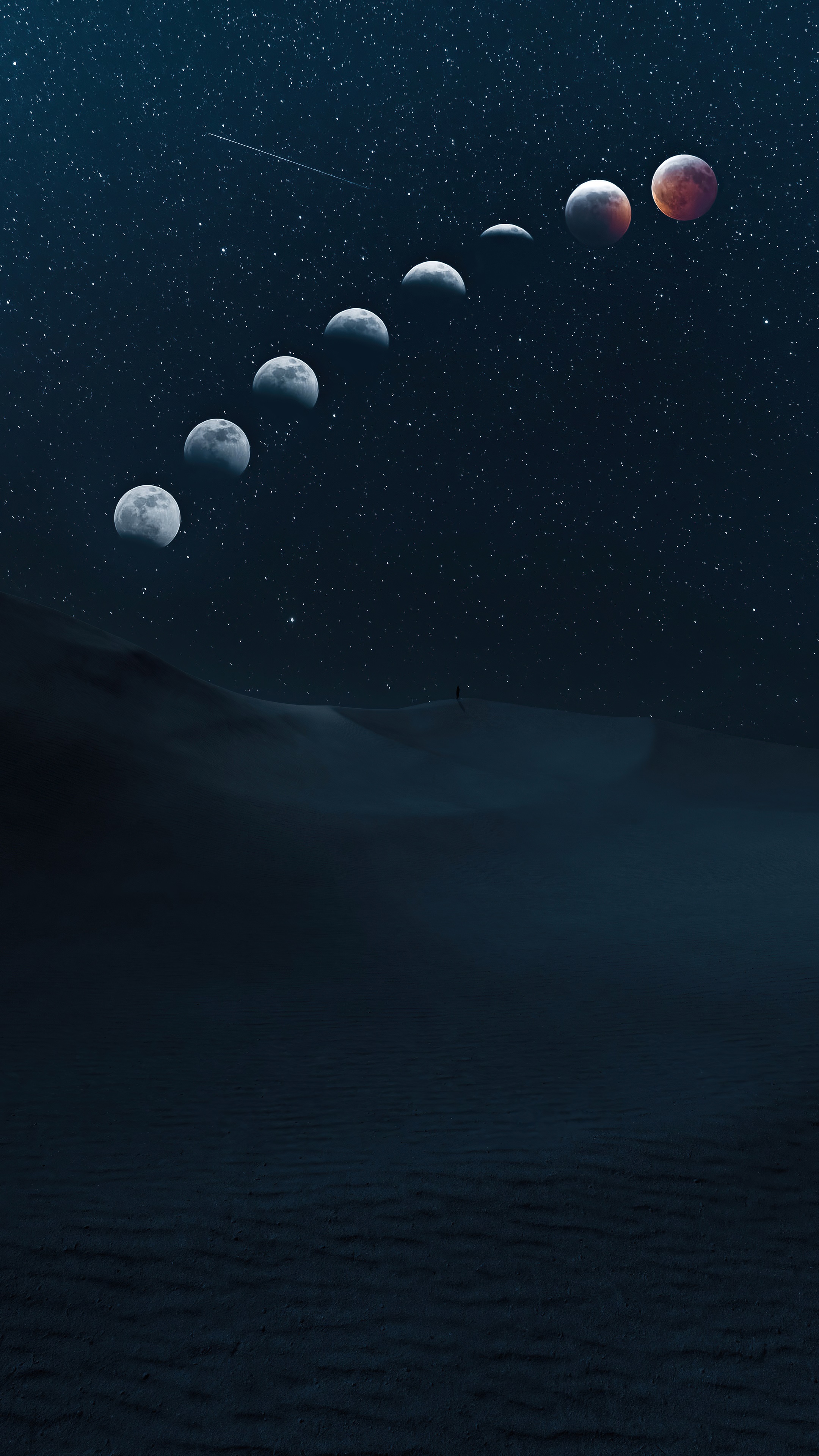 Moon phases over desert landscape at night HD Phone Wallpaper