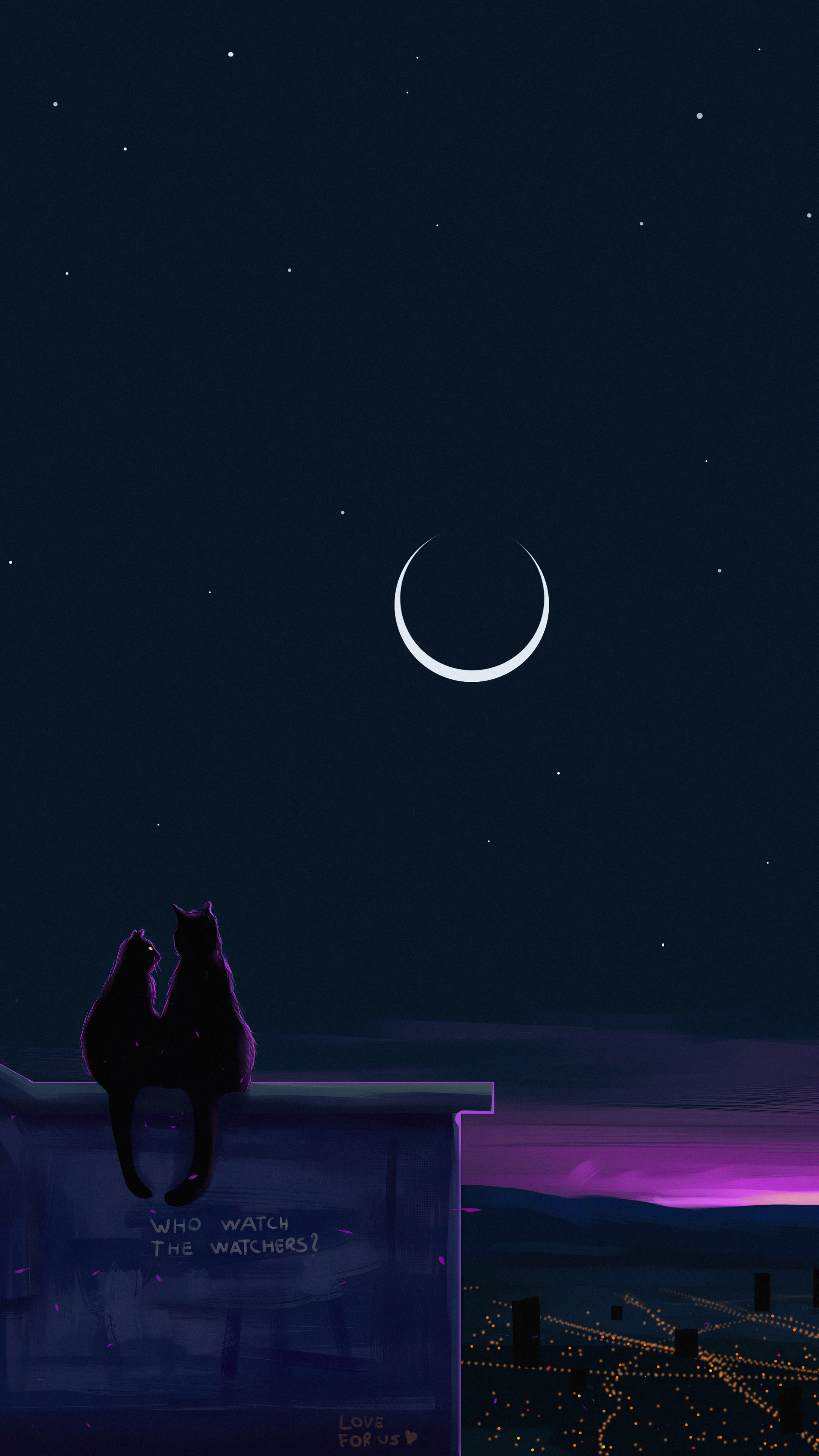 Two cats on a rooftop watching the night sky HD Phone Wallpaper
