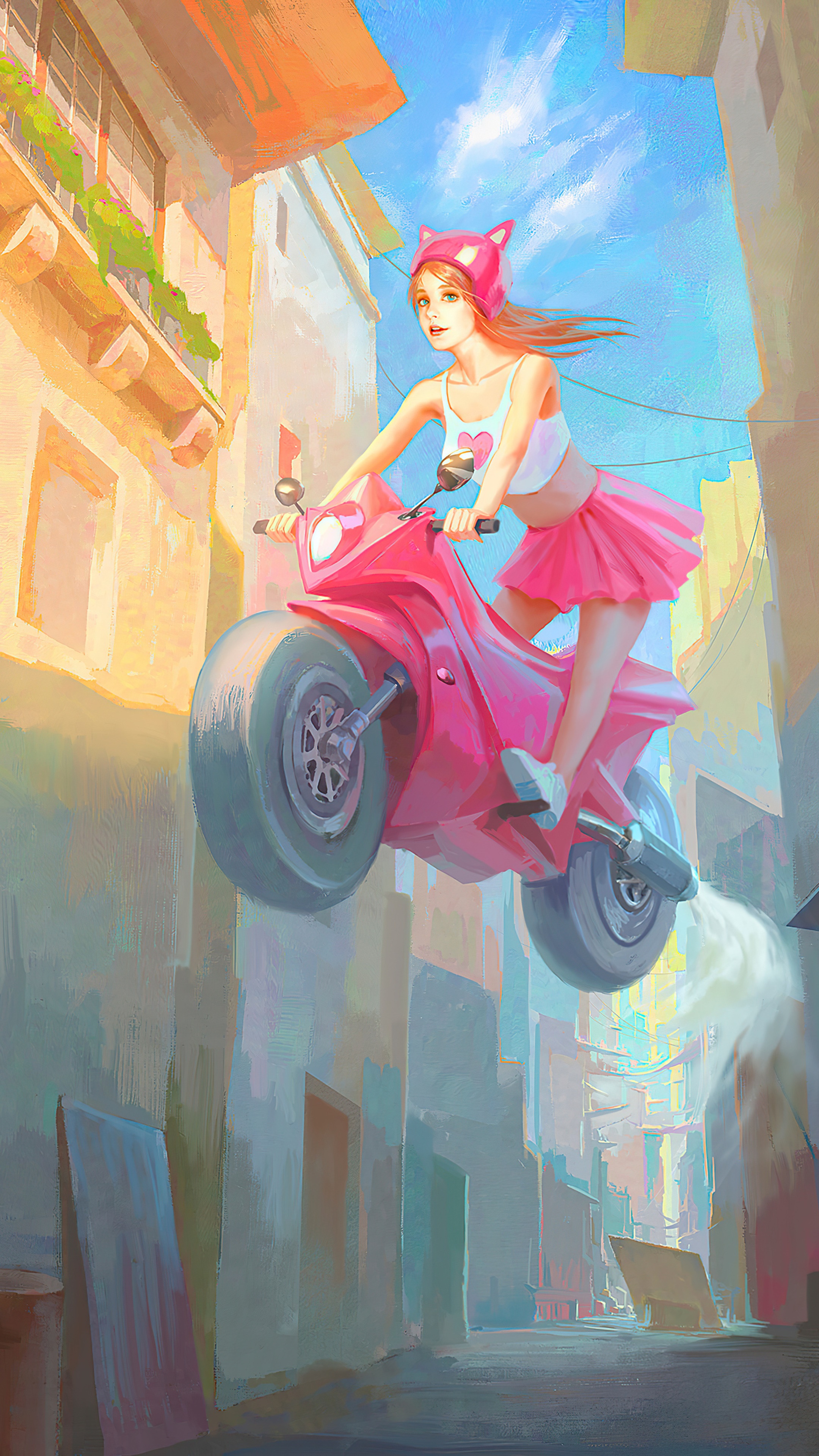 Girl in pink outfit riding a pink motorcycle HD Phone Wallpaper