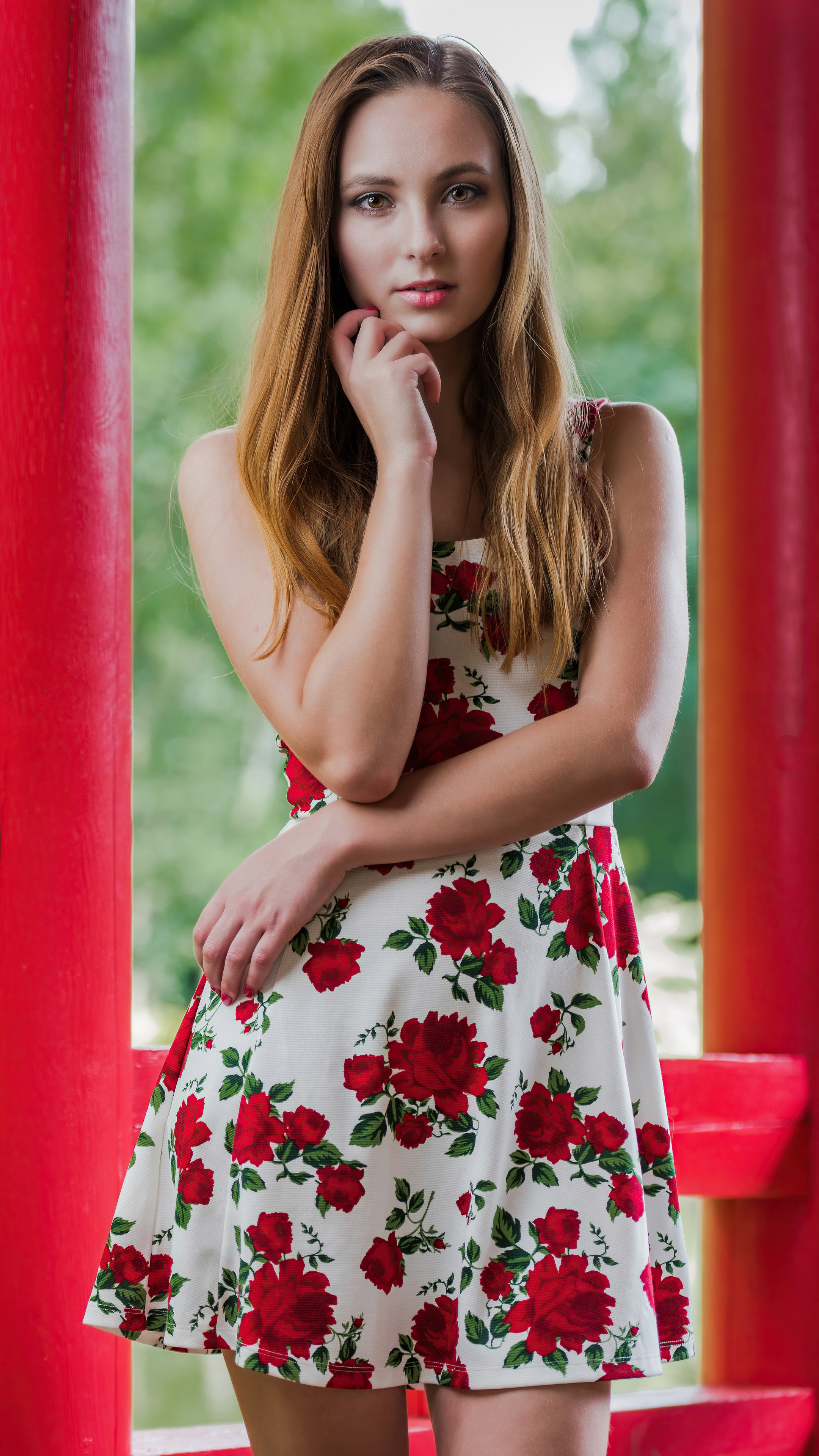 Young woman in a floral dress HD Phone Wallpaper
