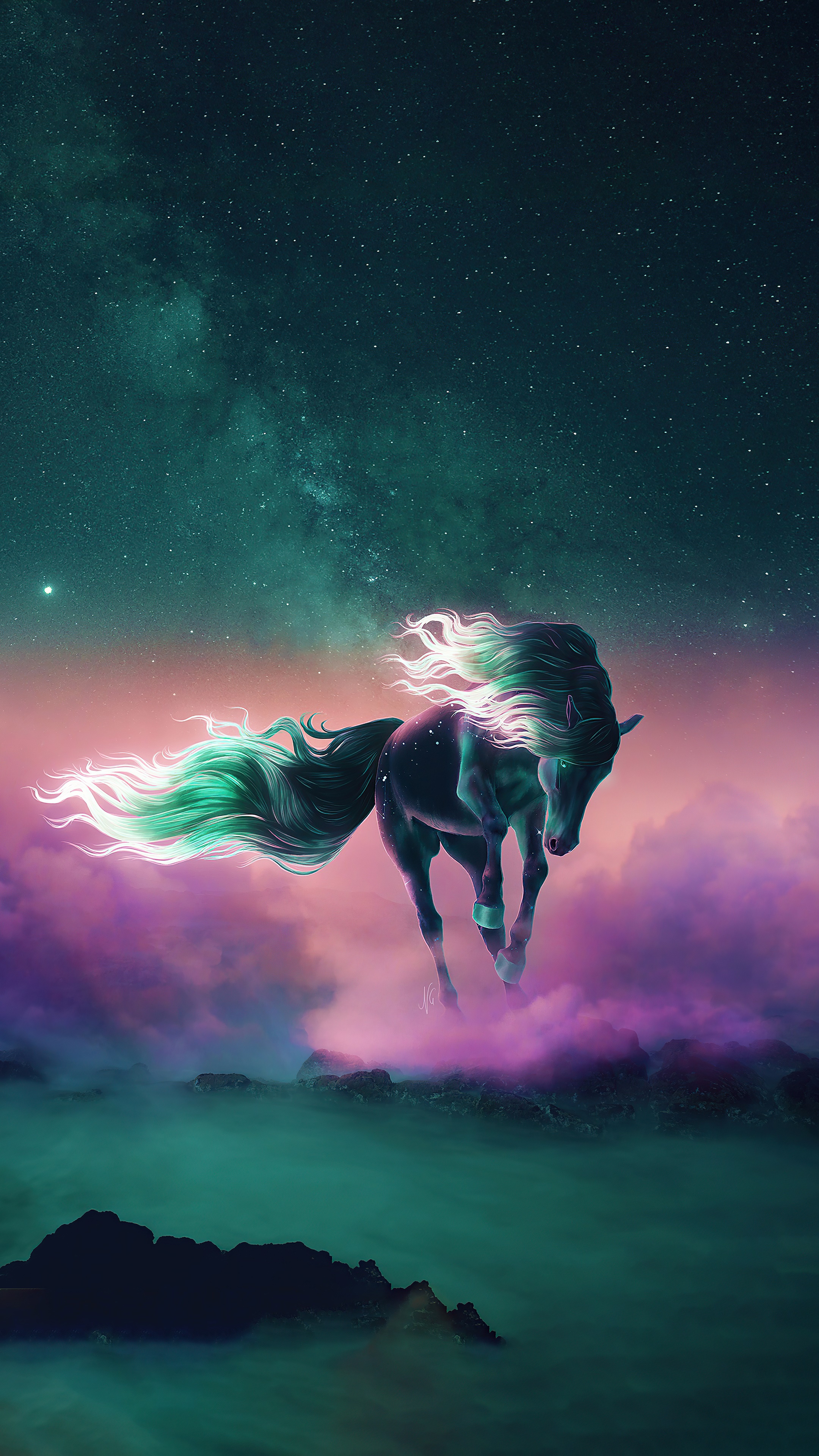 Fantasy horse with glowing mane and tail in the night sky HD Phone Wallpaper