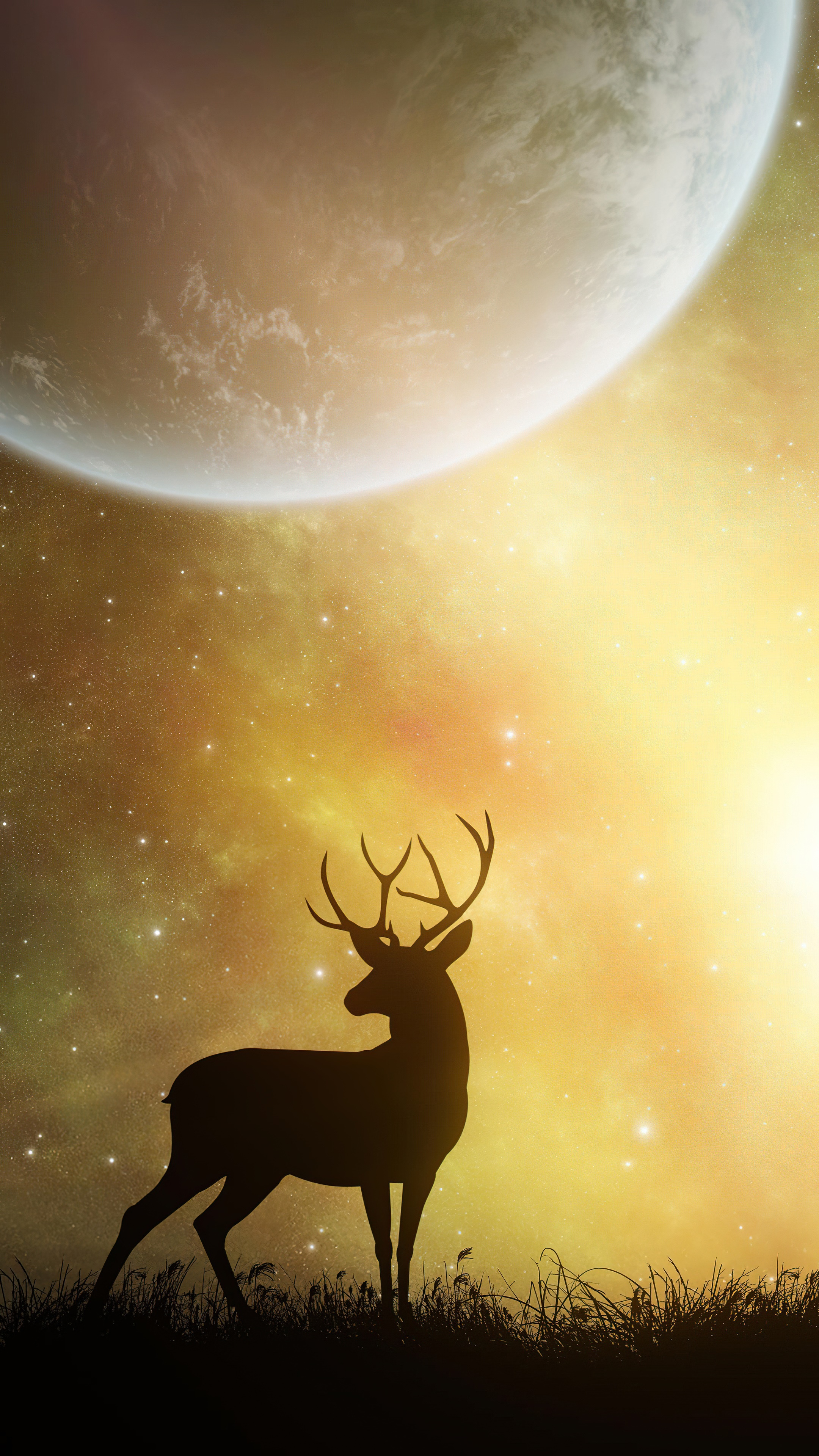 Silhouette of a deer against a planet and starry sky HD Phone Wallpaper