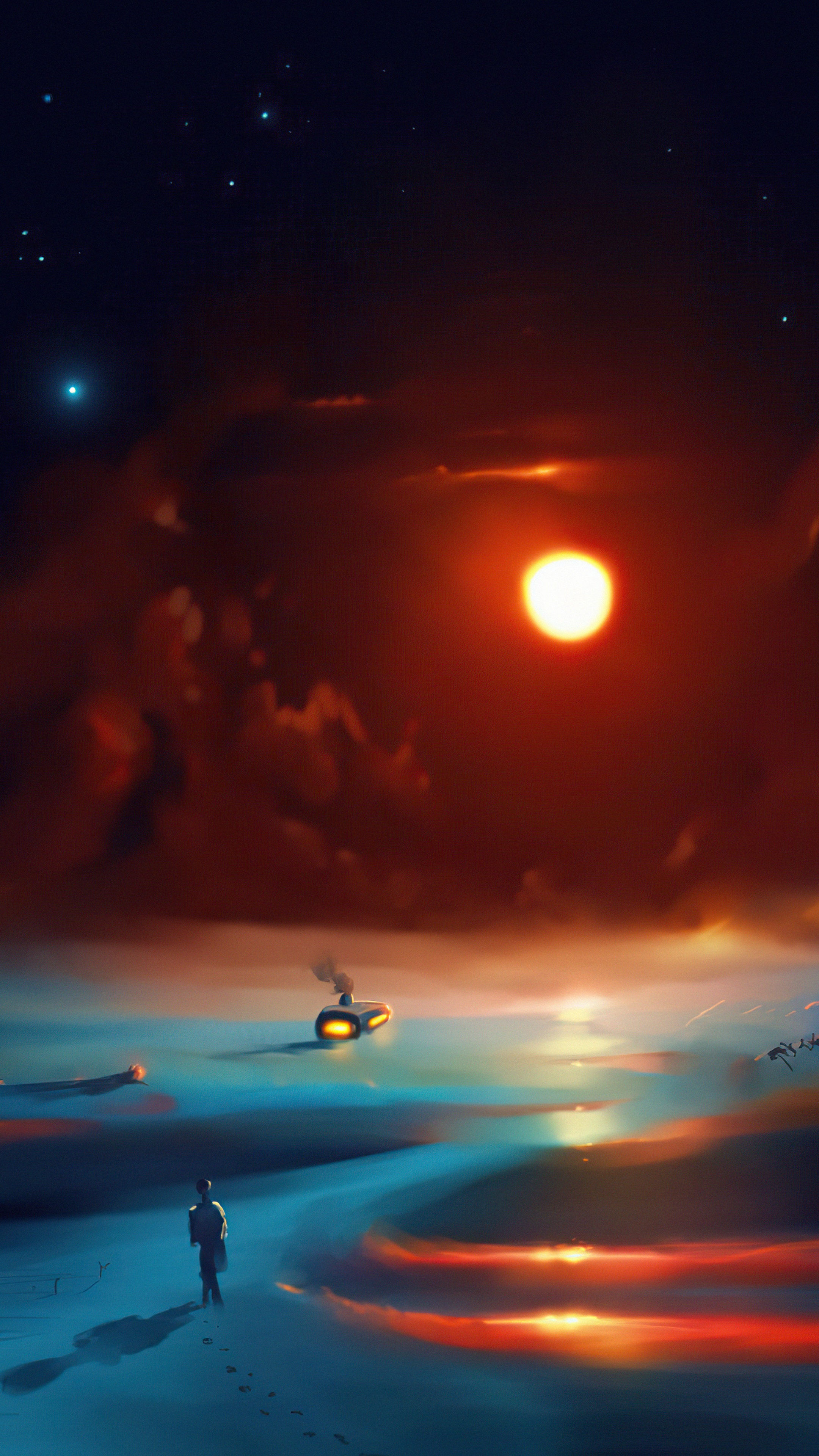 Digital art of a surreal alien landscape at sunset HD Phone Wallpaper