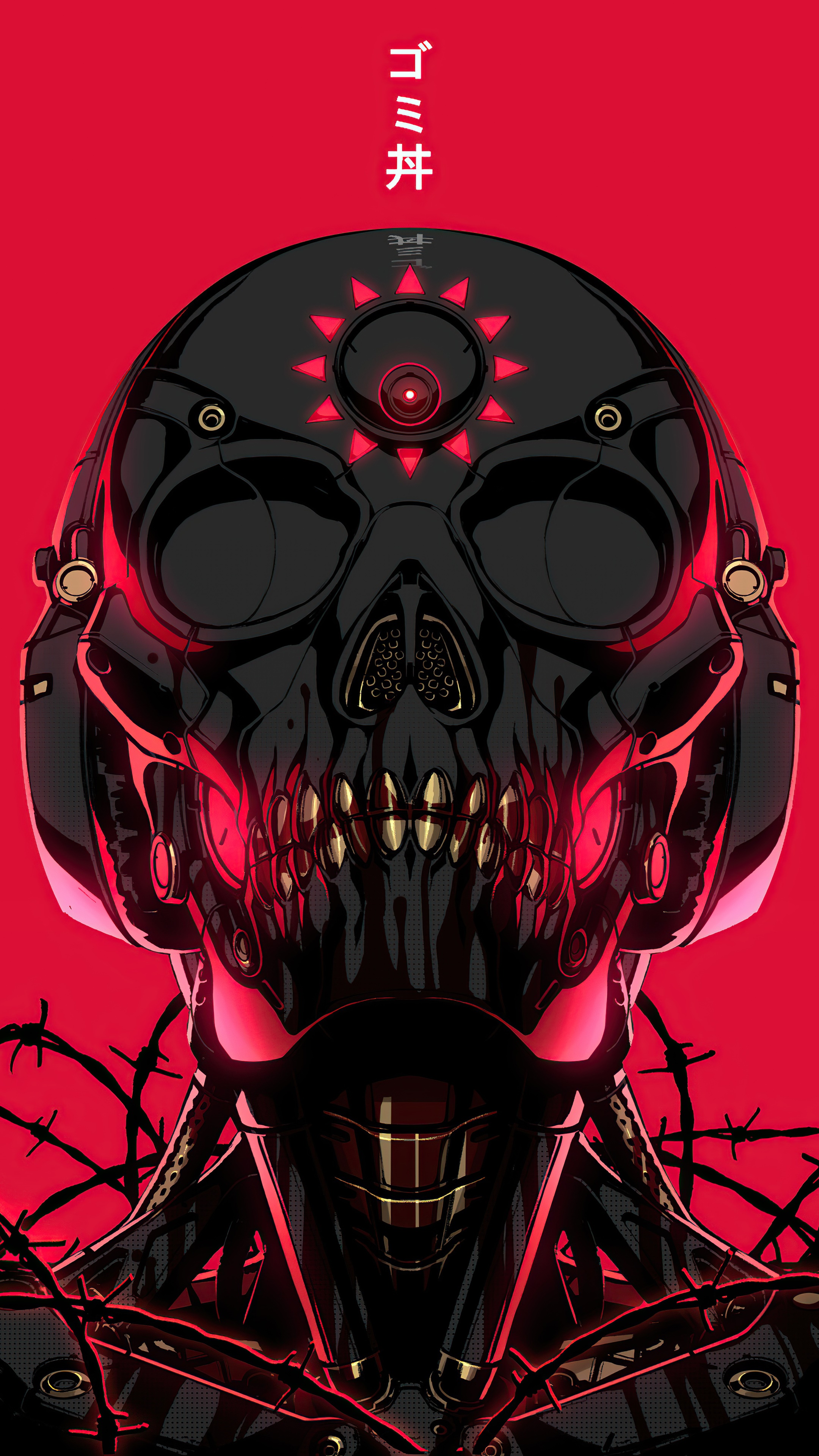 Cyberpunk Skull with Japanese Text HD Phone Wallpaper