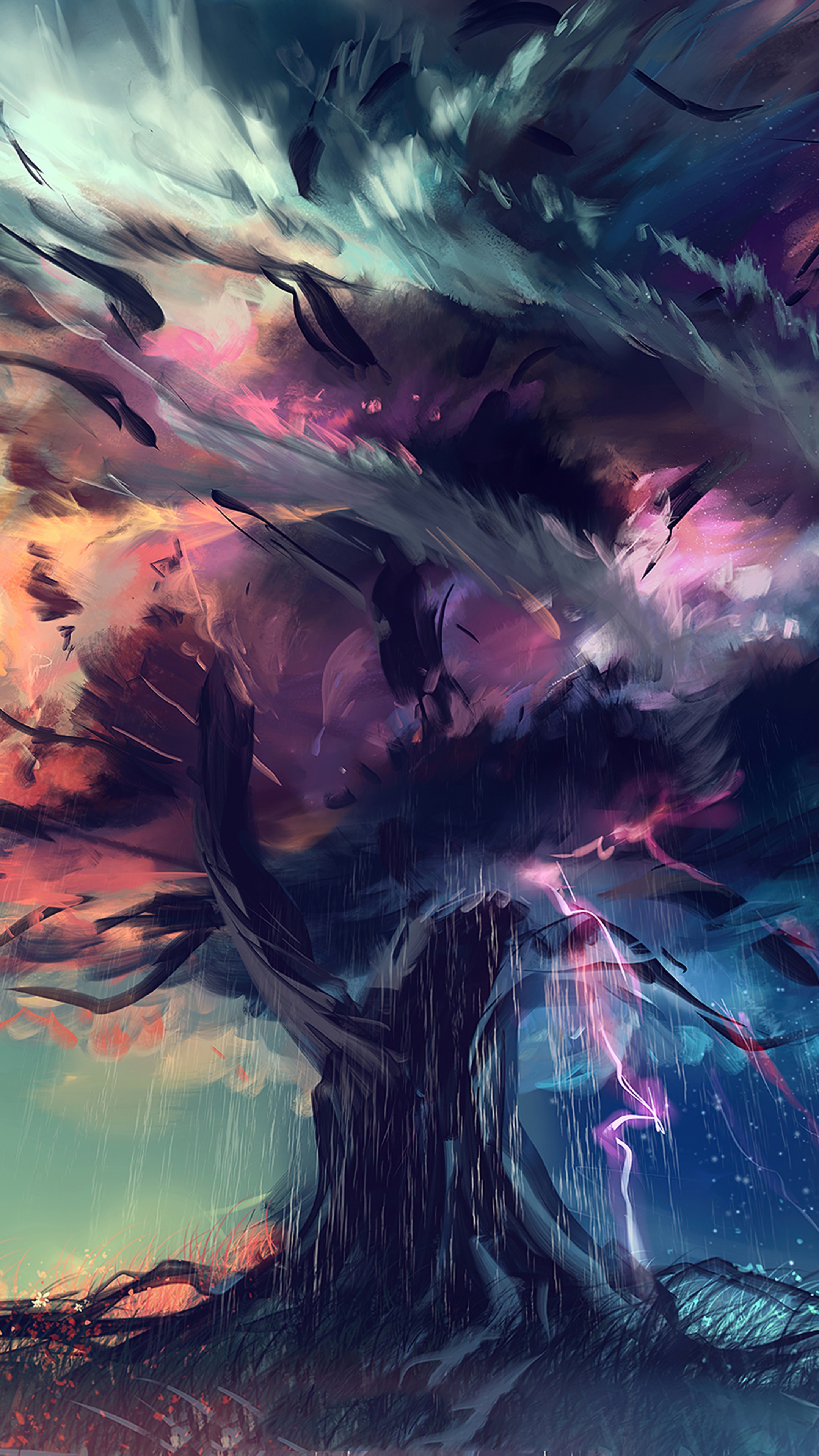 Abstract digital art of a stormy tree with lightning HD Phone Wallpaper