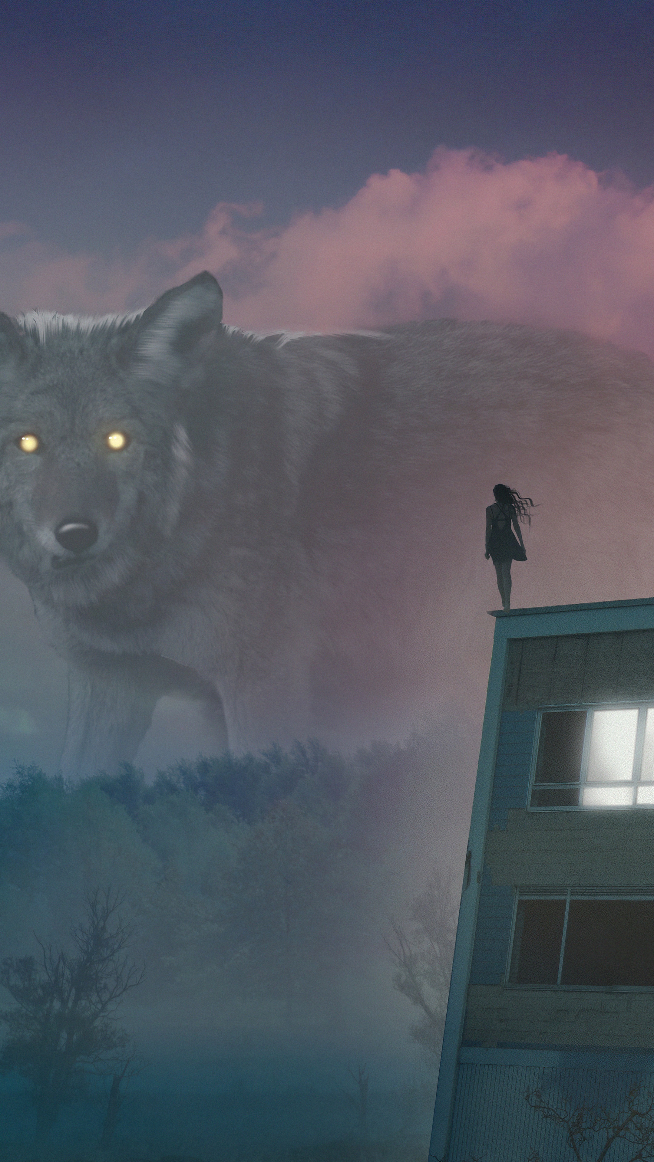 Giant wolf spirit and girl on building HD Phone Wallpaper