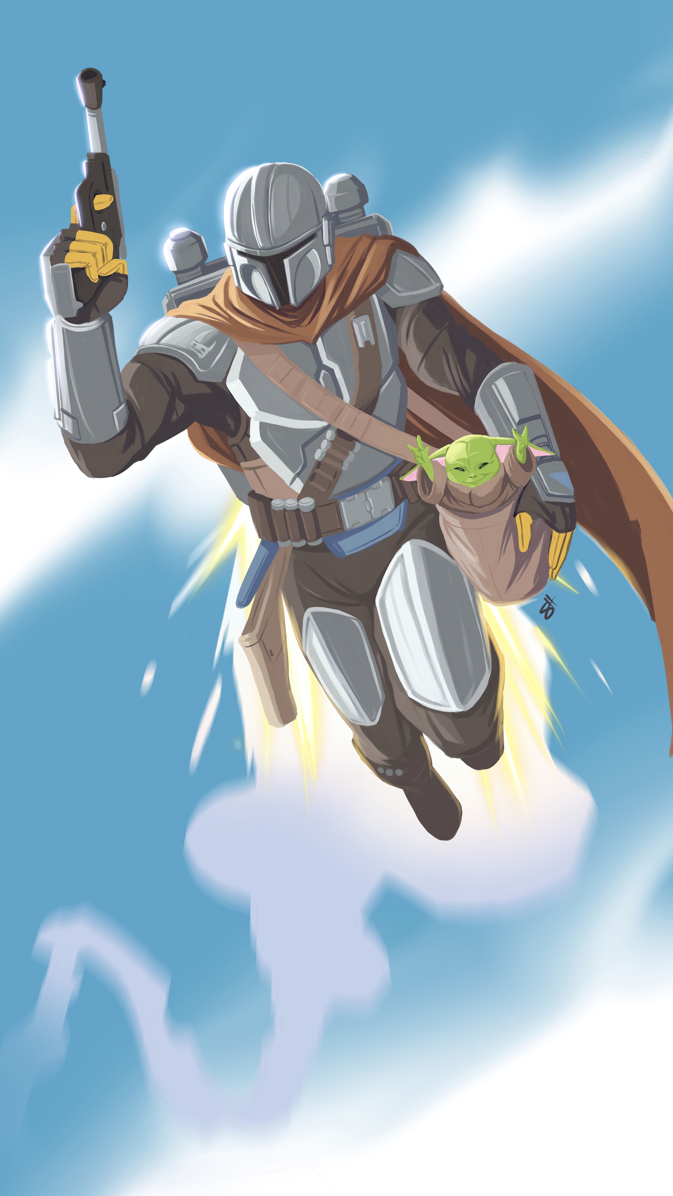 The Mandalorian and Grogu flying through the sky HD Phone Wallpaper