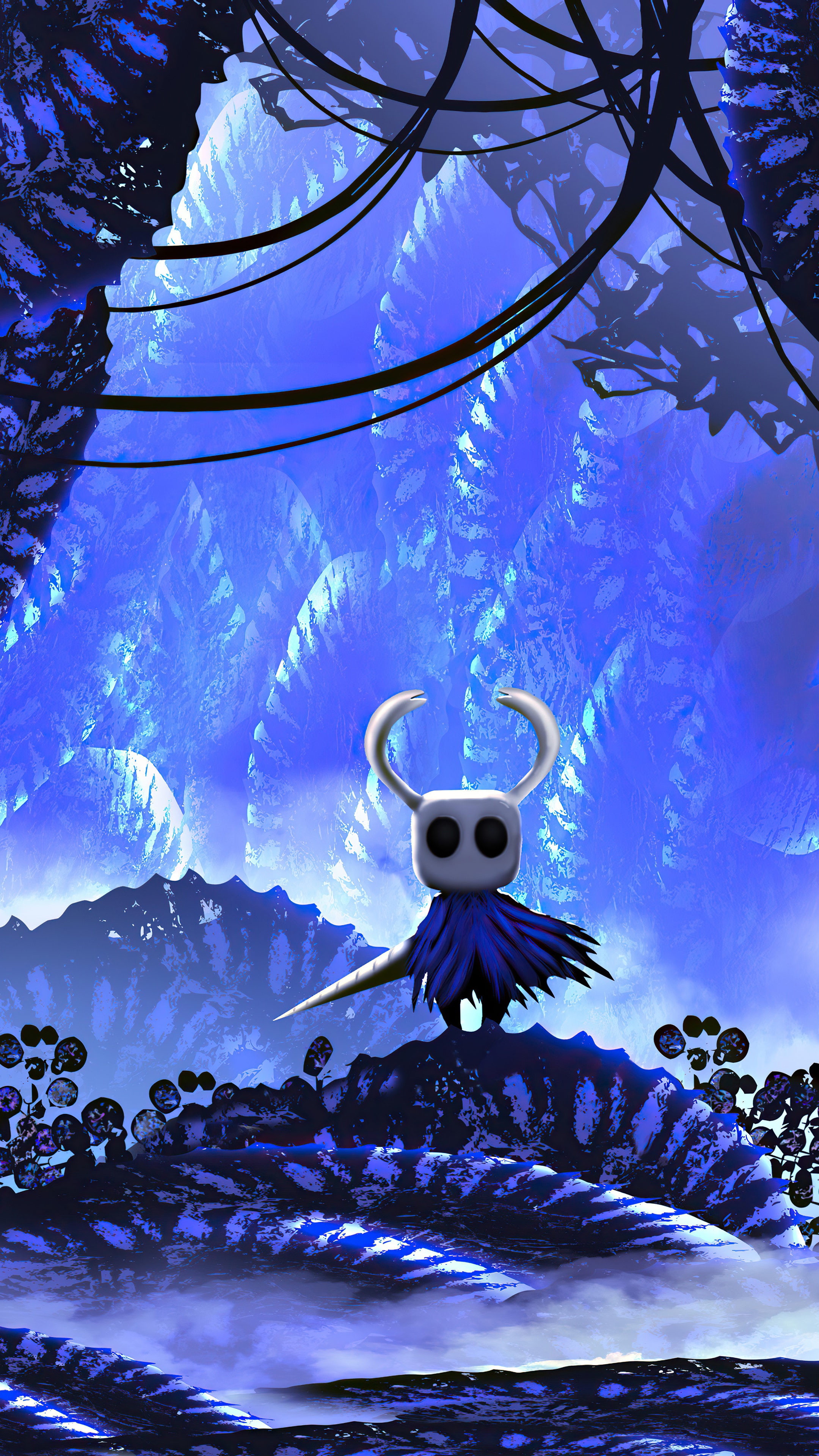 The Knight from Hollow Knight in a blue forest HD Phone Wallpaper