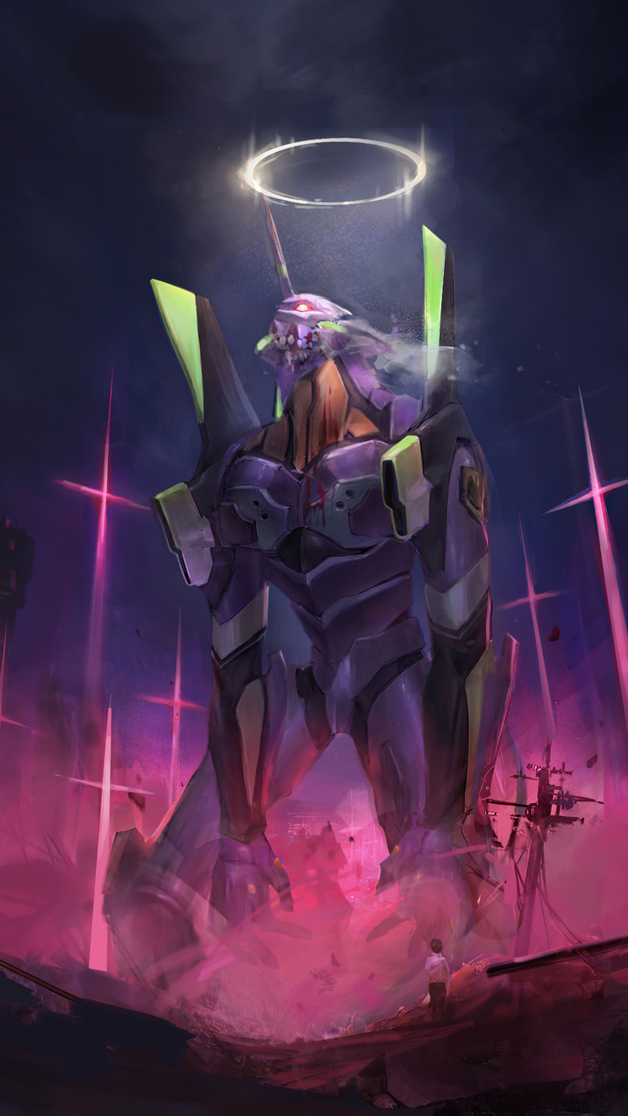 Evangelion Unit-02 with halo and pilot HD Phone Wallpaper