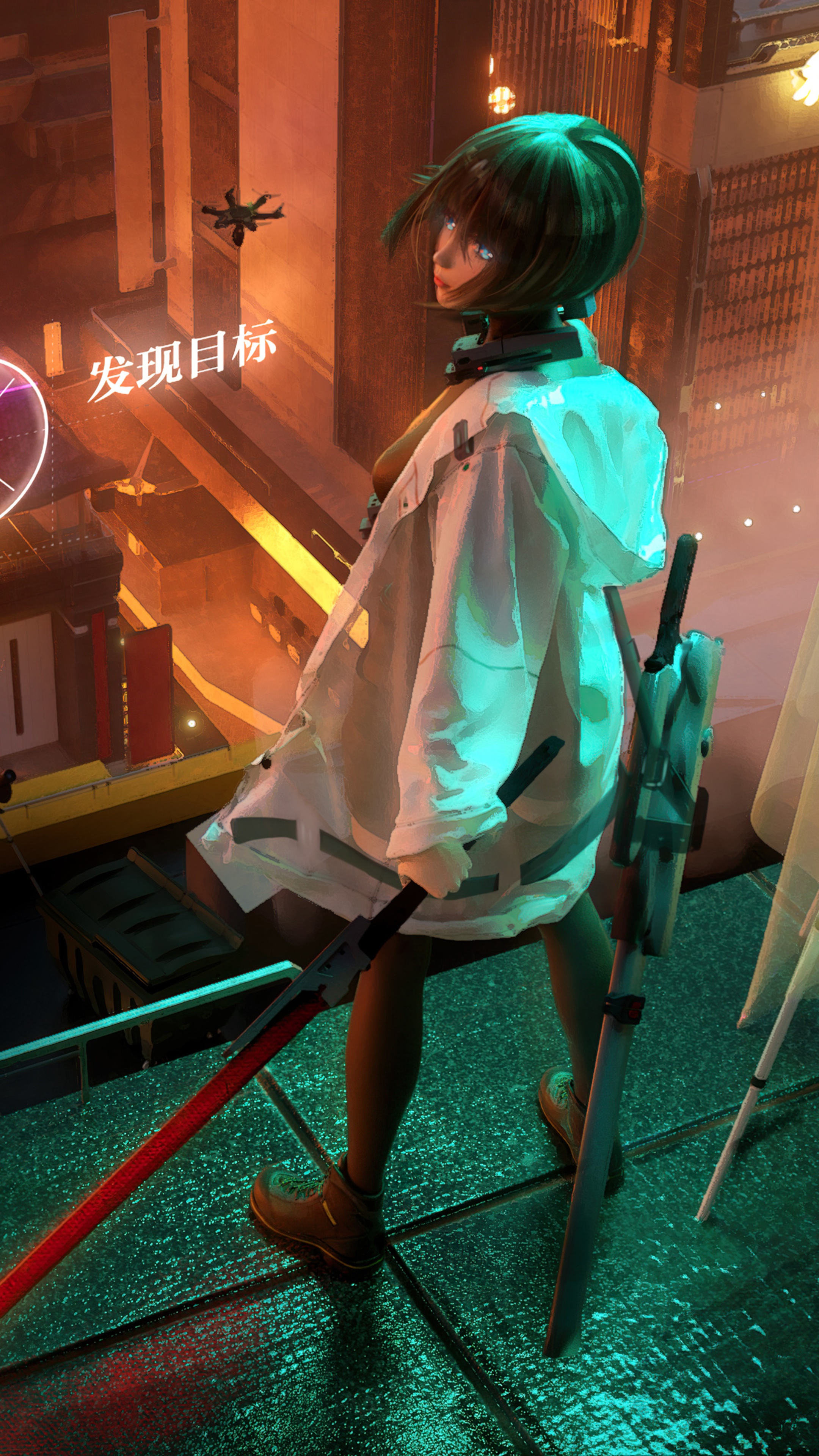 Cyberpunk warrior with swords in futuristic city HD Phone Wallpaper