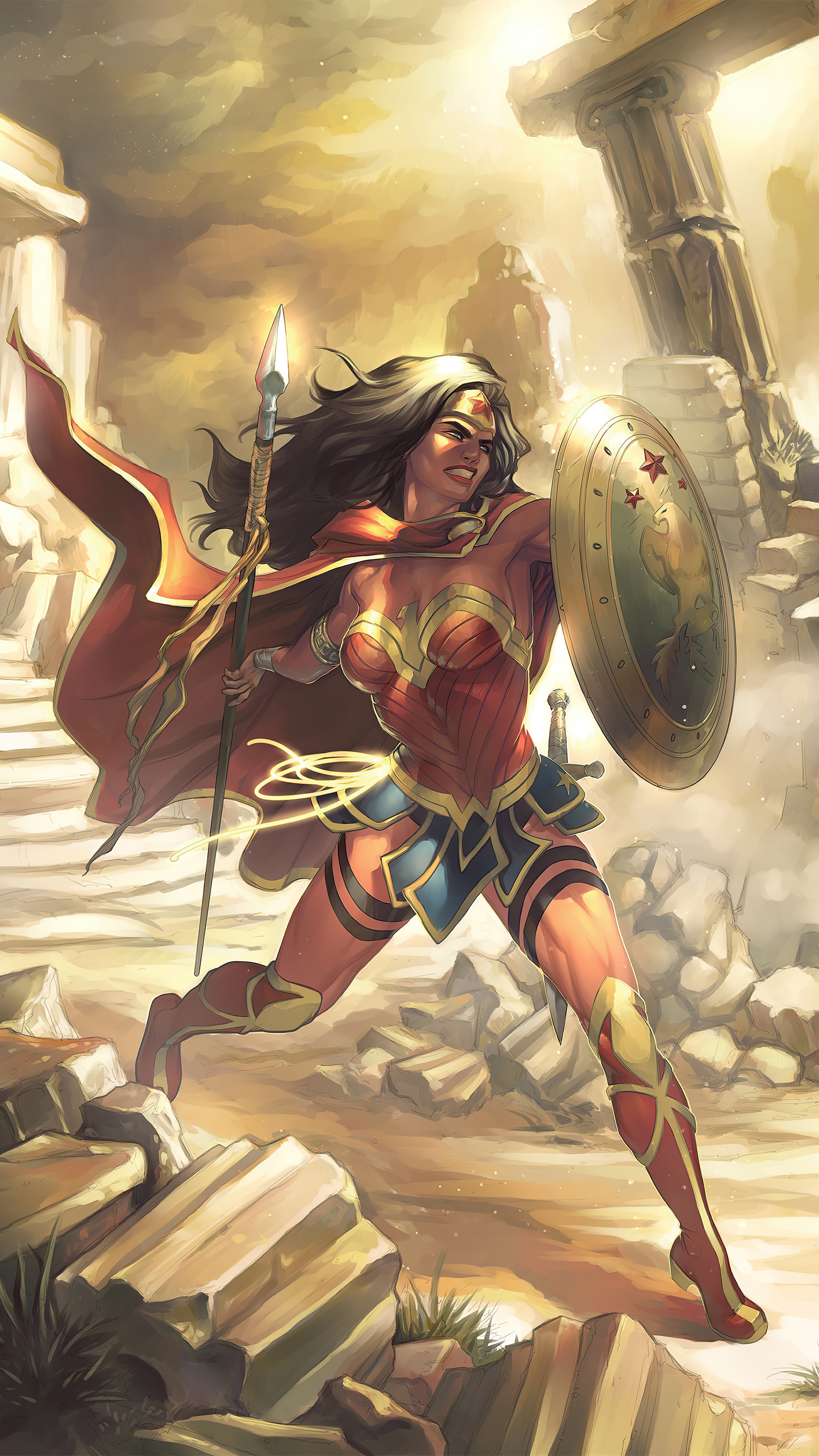 Wonder Woman with Spear and Shield in Ruins HD Phone Wallpaper