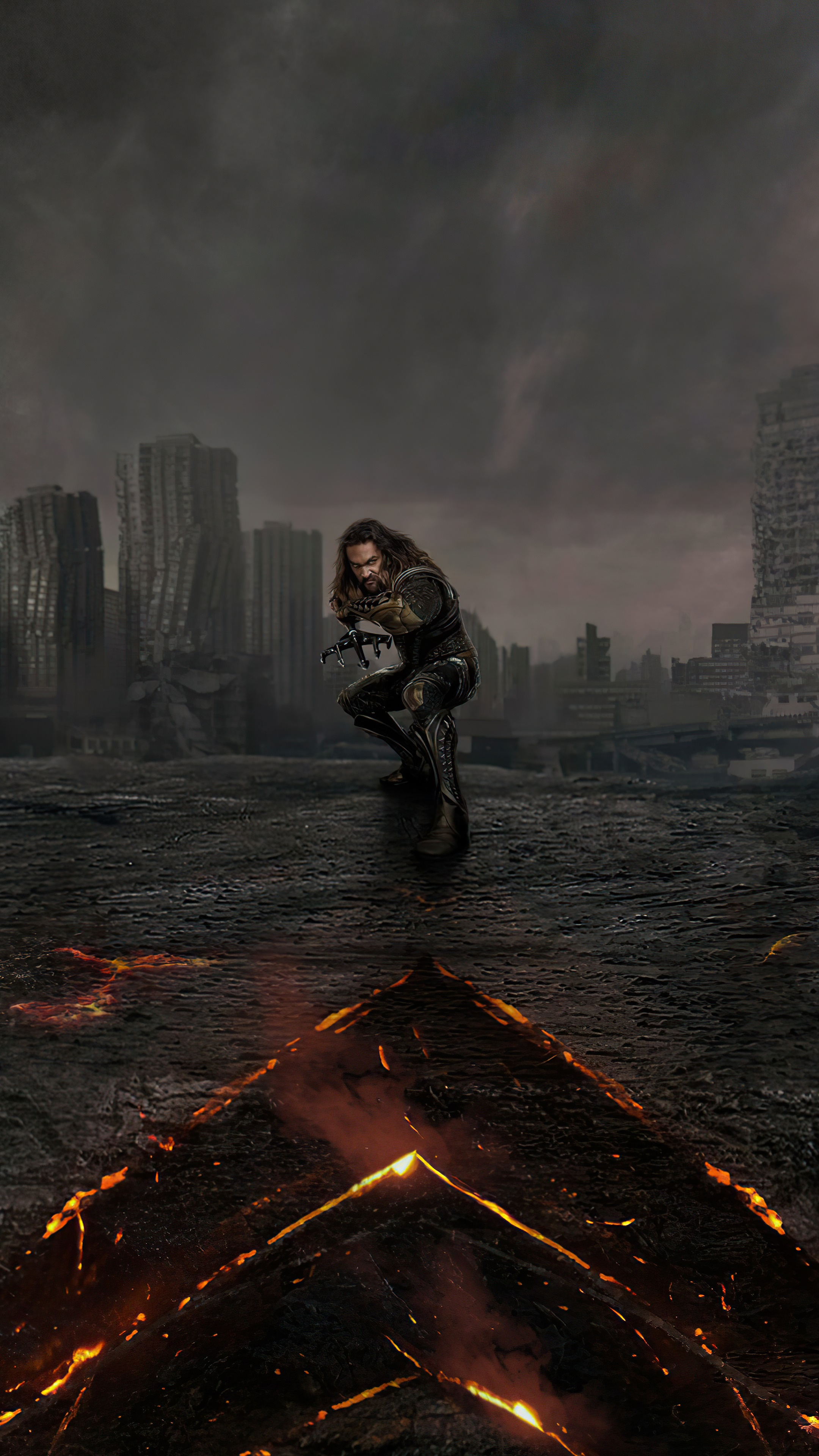 Aquaman from Justice League in a ruined city HD Phone Wallpaper
