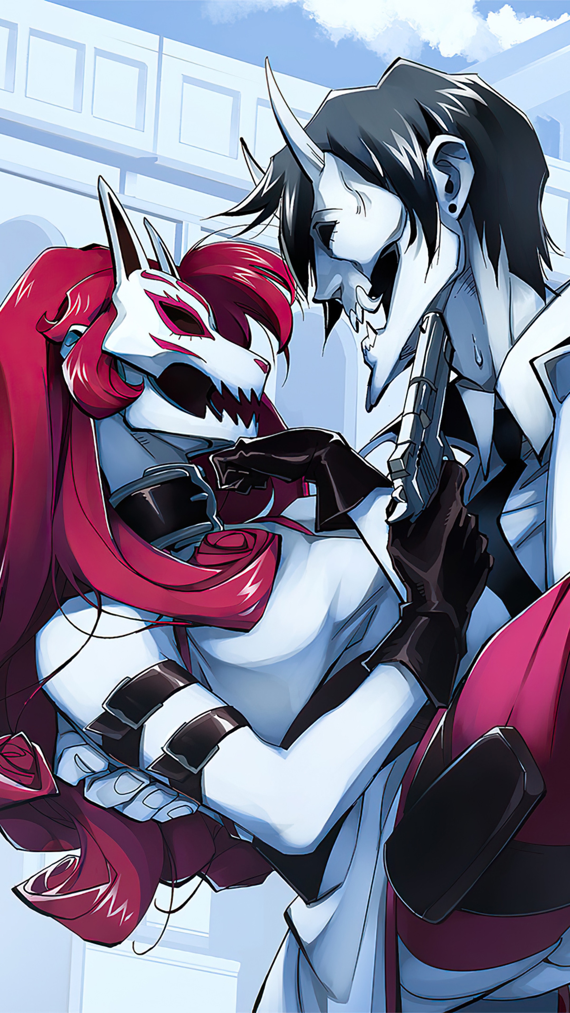 Anime characters with masks and guns HD Phone Wallpaper