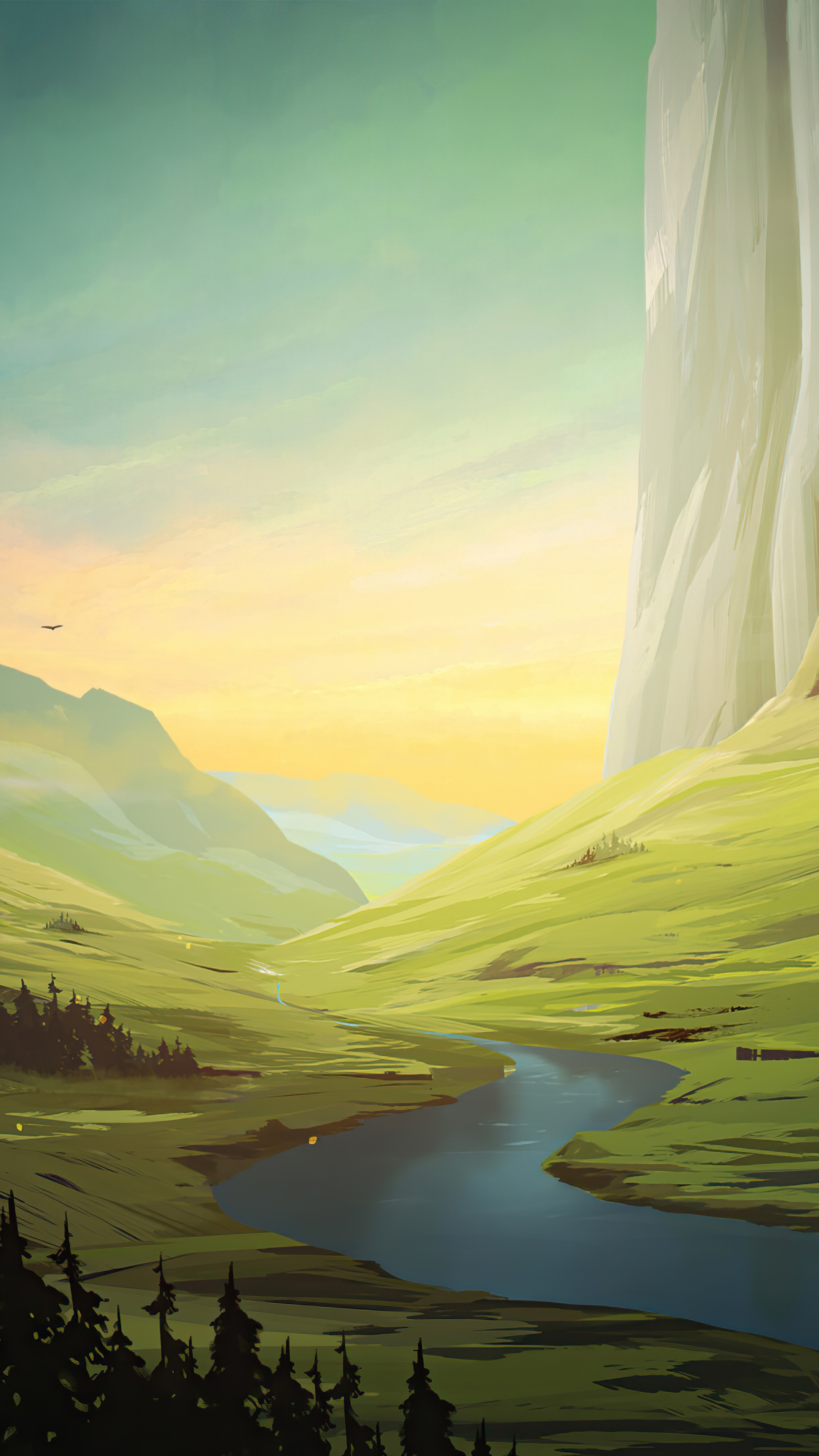 Digital art of a mountain landscape with a river HD Phone Wallpaper