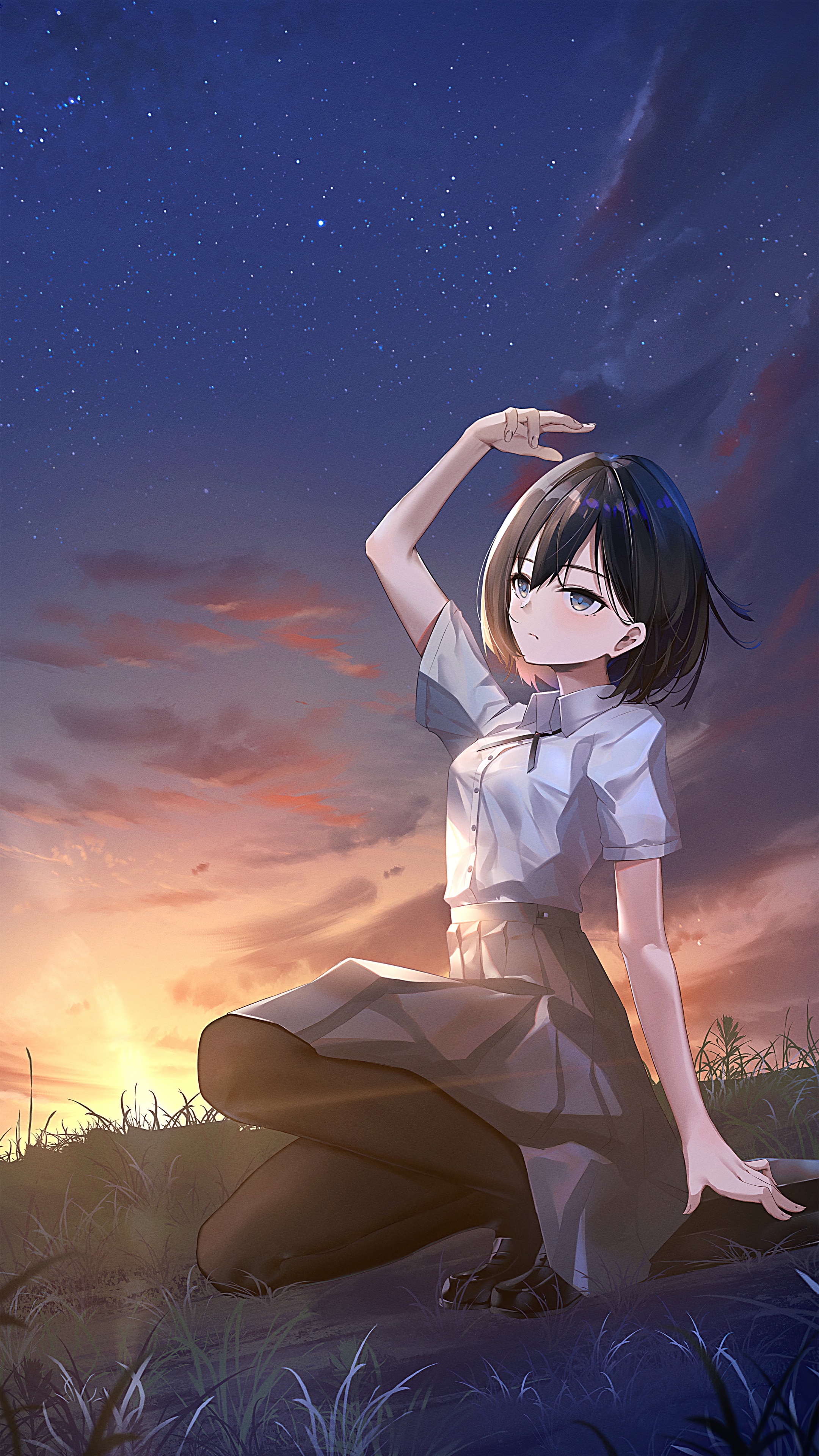 Anime girl sitting in grass at sunset HD Phone Wallpaper