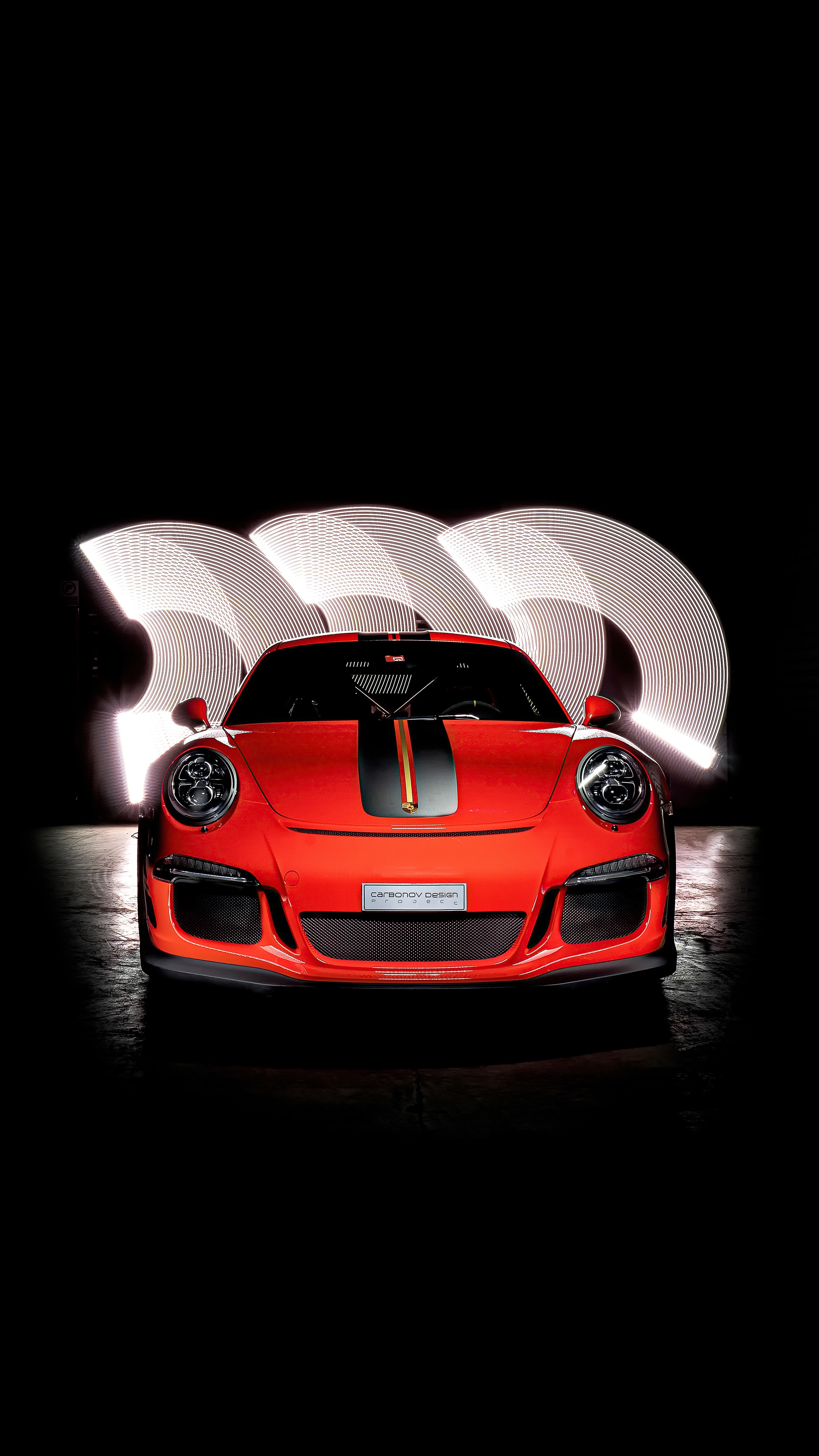 Orange Porsche GT3 with light painting HD Phone Wallpaper