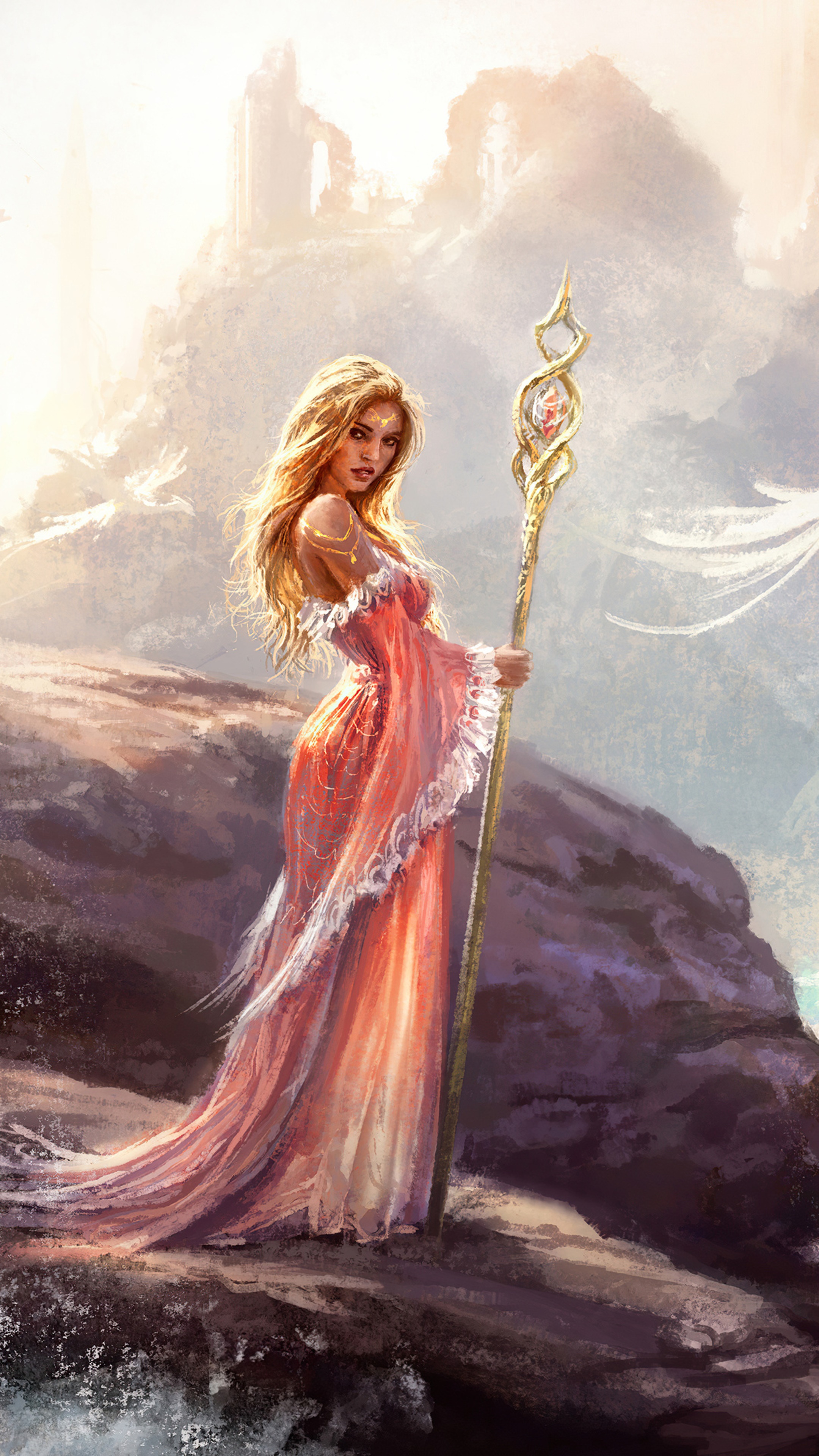 Fantasy Queen with Staff on Rocky Shore HD Phone Wallpaper