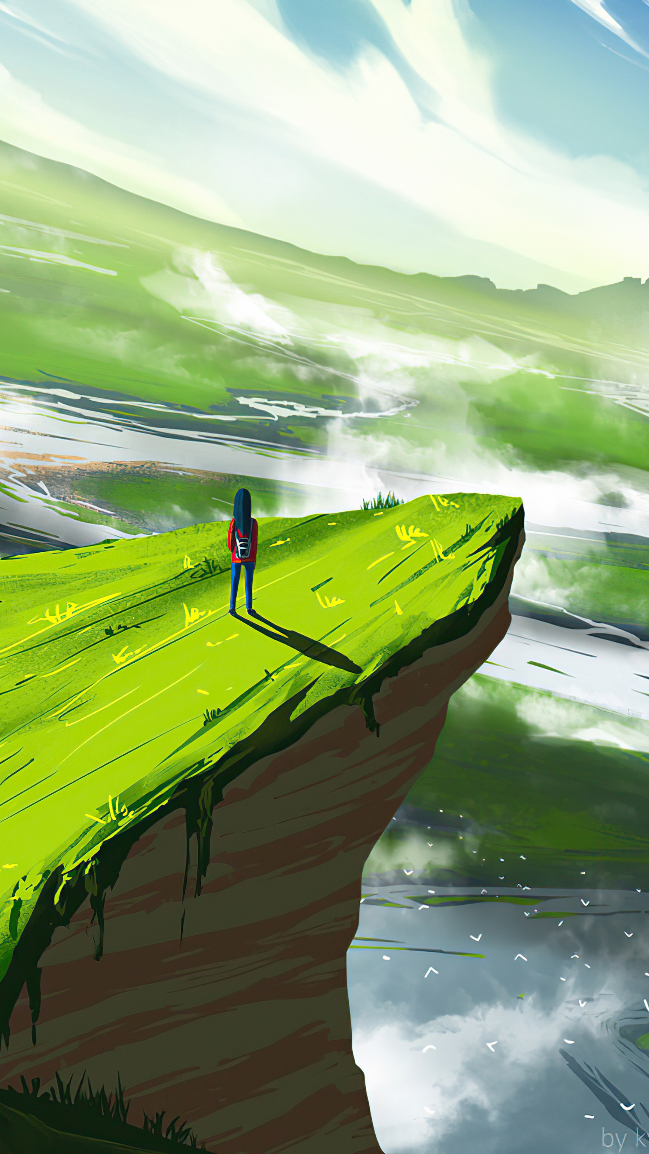 Digital art landscape with a person on a cliff HD Phone Wallpaper