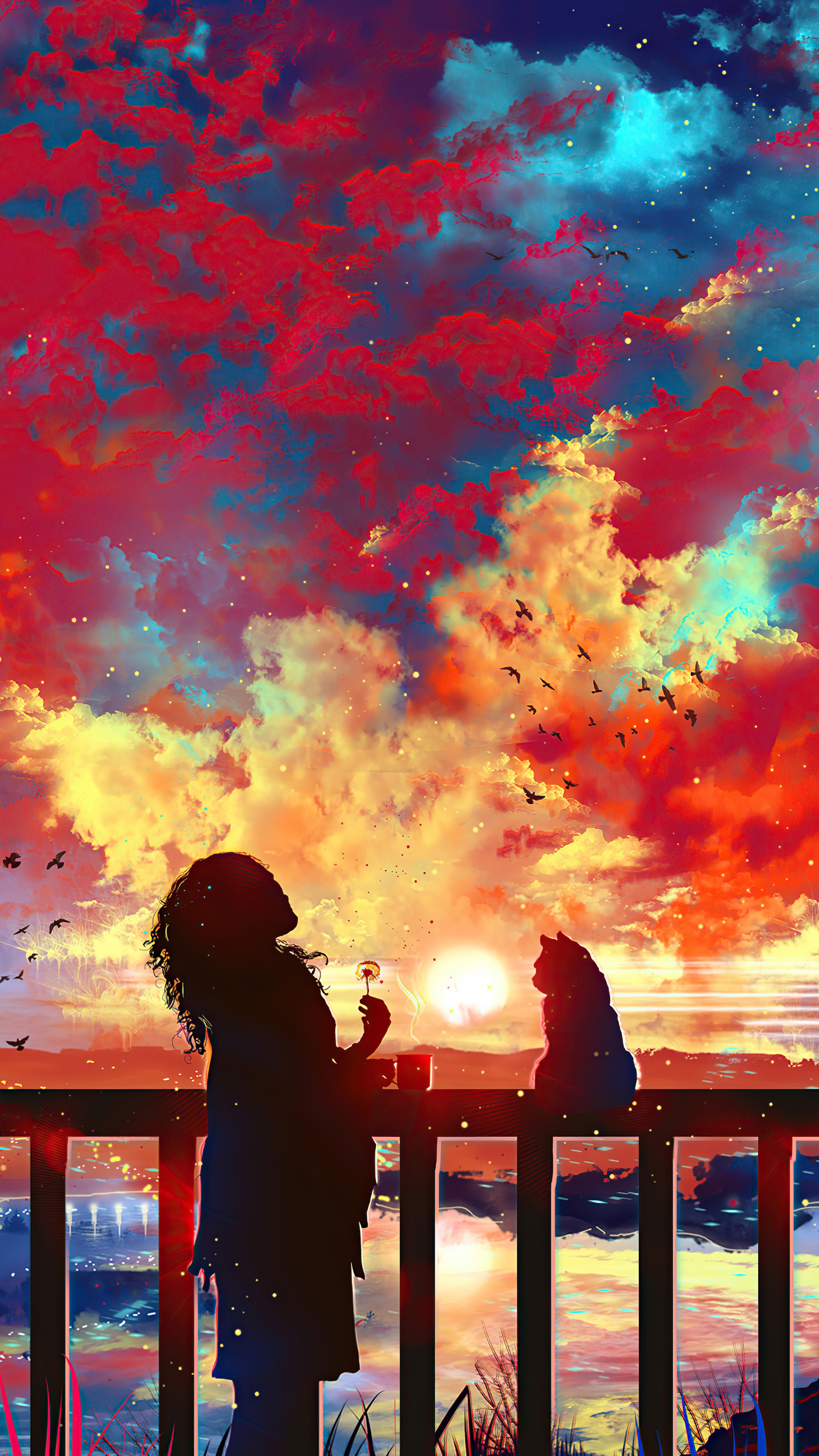 Girl and cat on balcony watching sunset HD Phone Wallpaper