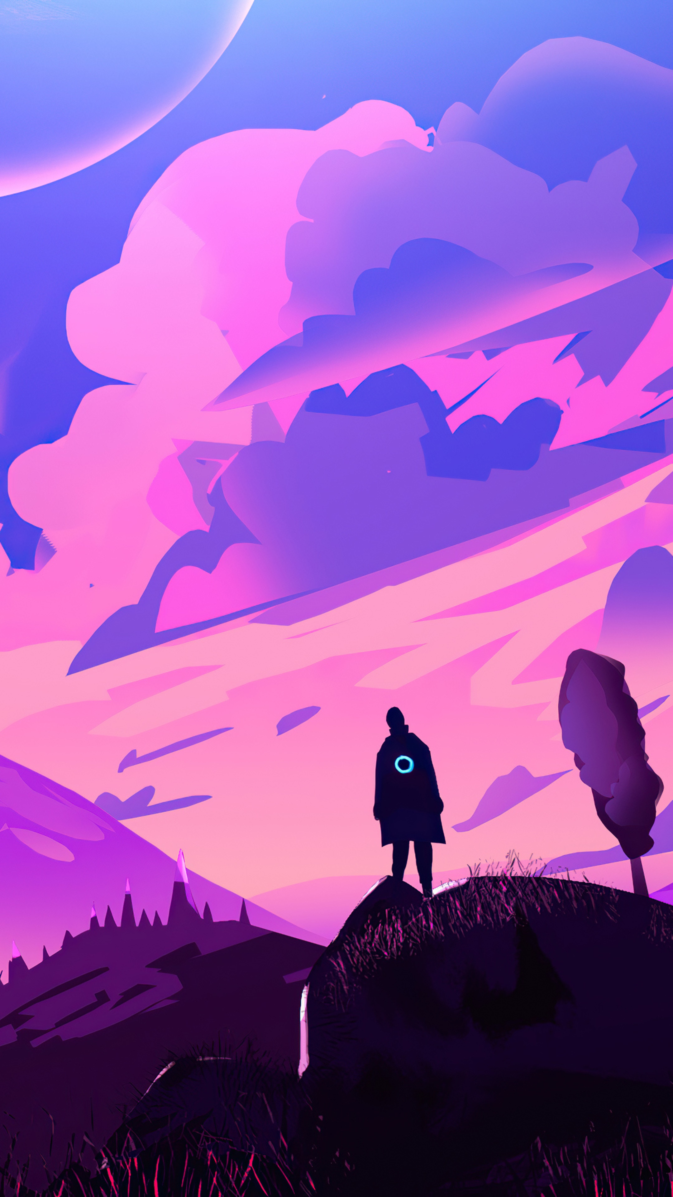 Man with glowing circle on cloak overlooking alien landscape HD Phone Wallpaper